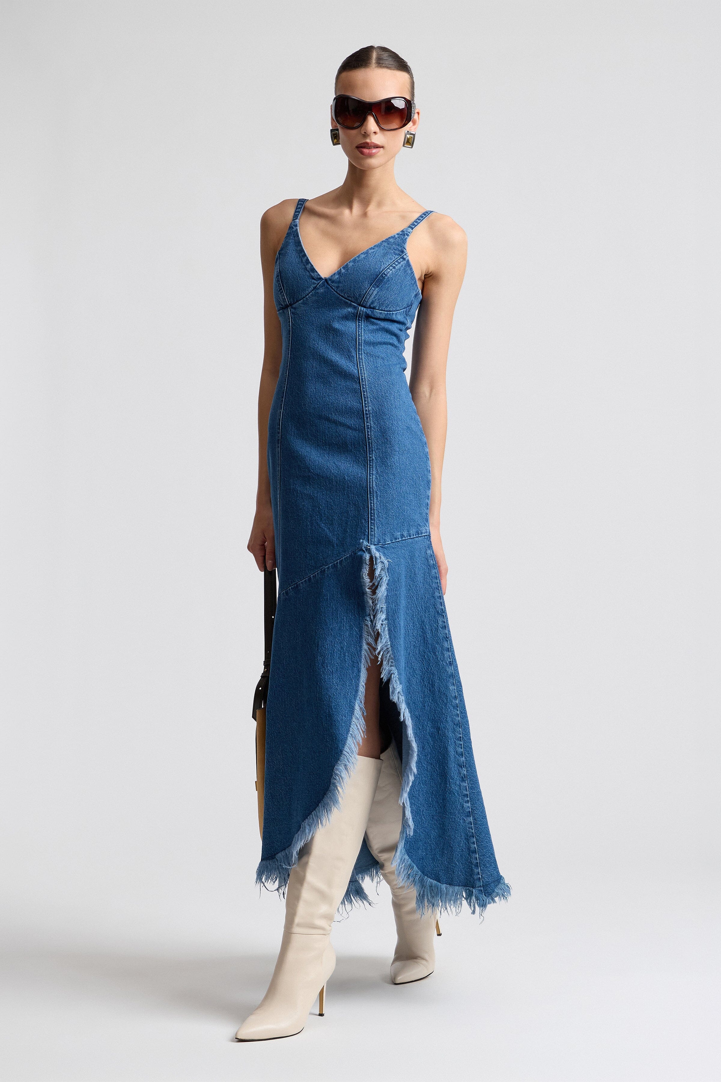 Asymmetric denim dress with V-neck and adjustable straps - Shop women's sleeveless maxi dresses by Avec Les Filles