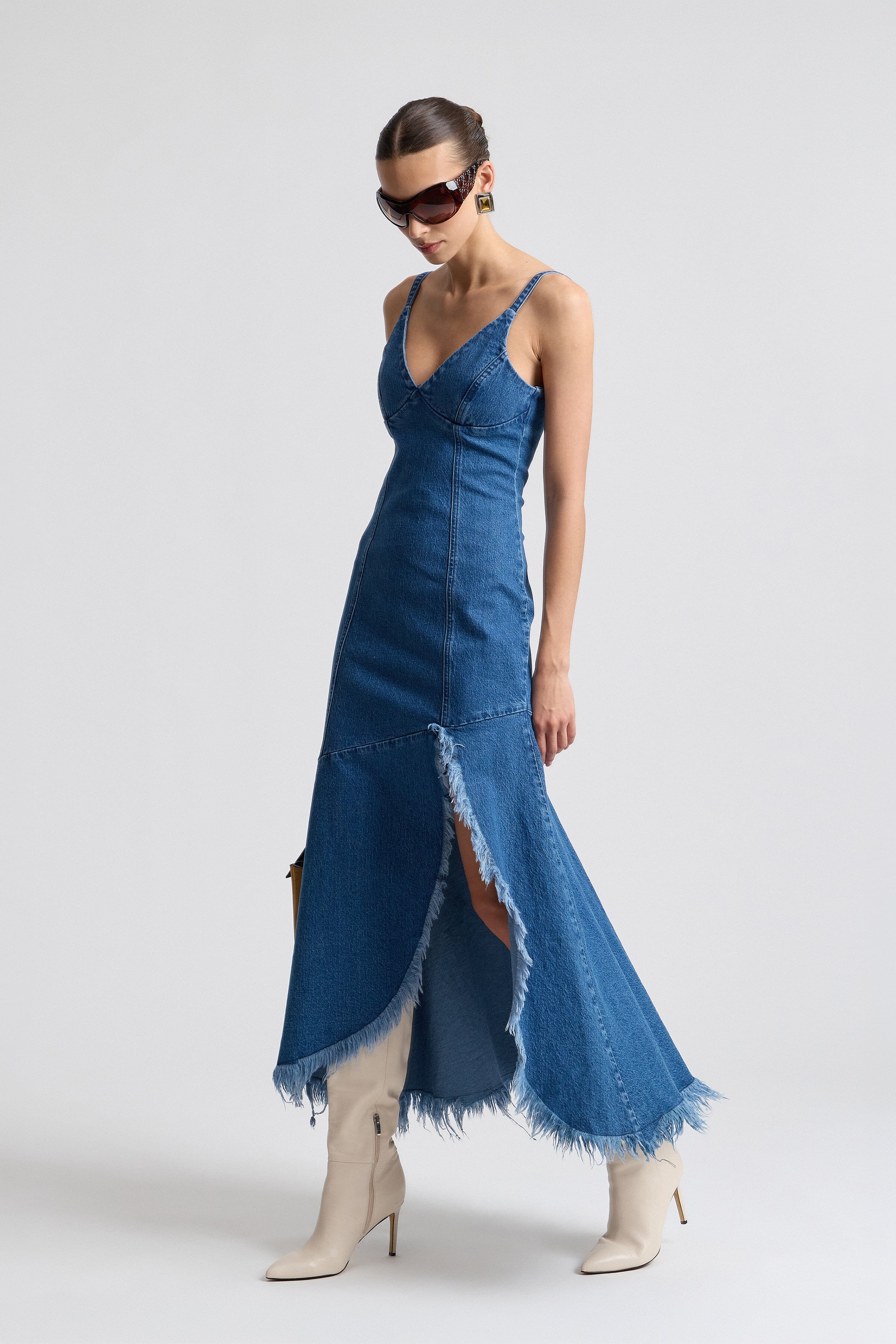 Frayed hem asymmetric denim dress with V-neck and adjustable straps - Shop women's maxi dresses by Avec Les Filles