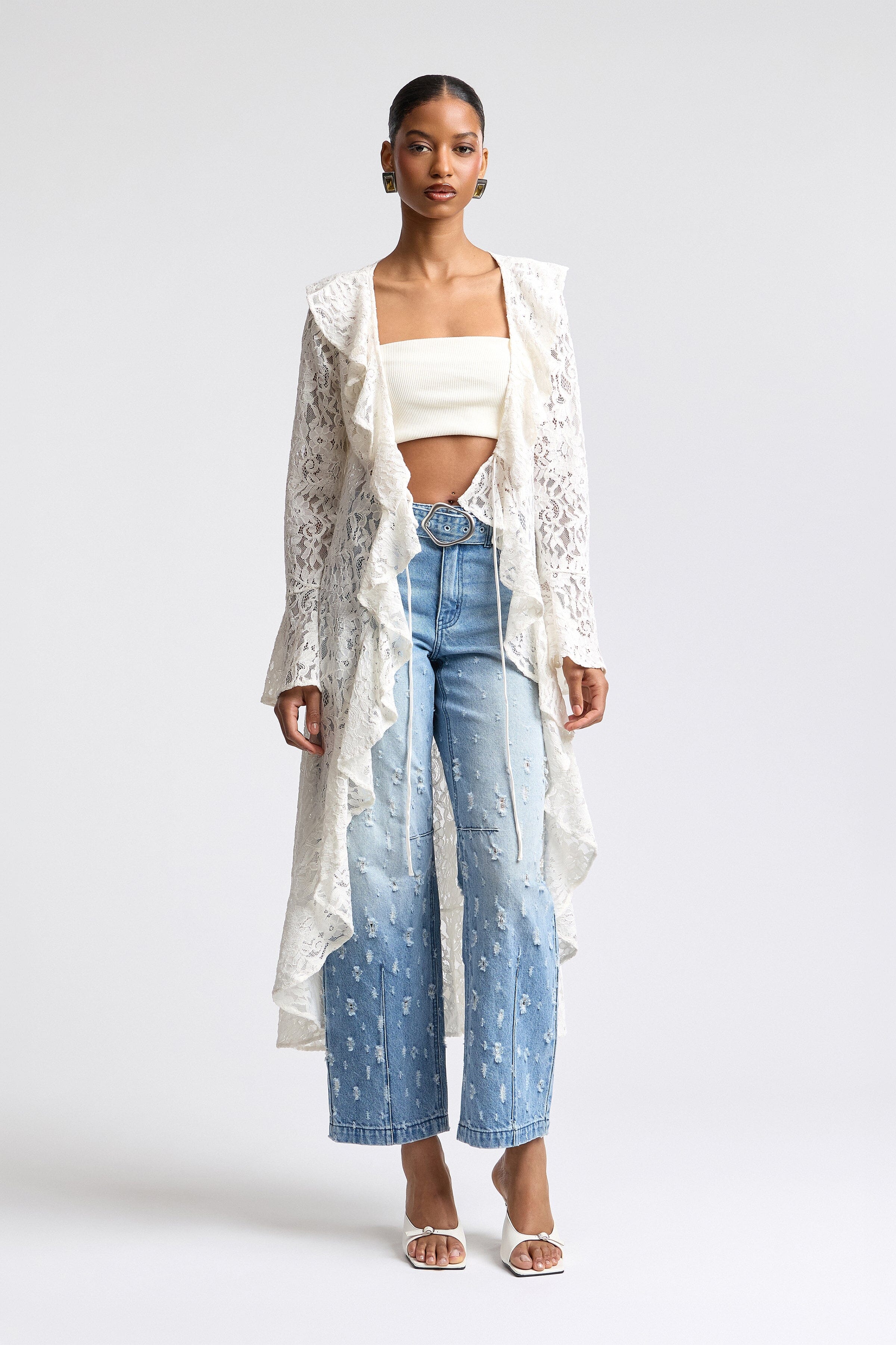 Tie-front ruffle white lace duster cardigan with long sleeves - Shop women's cute long dusters by Avec Les Filles