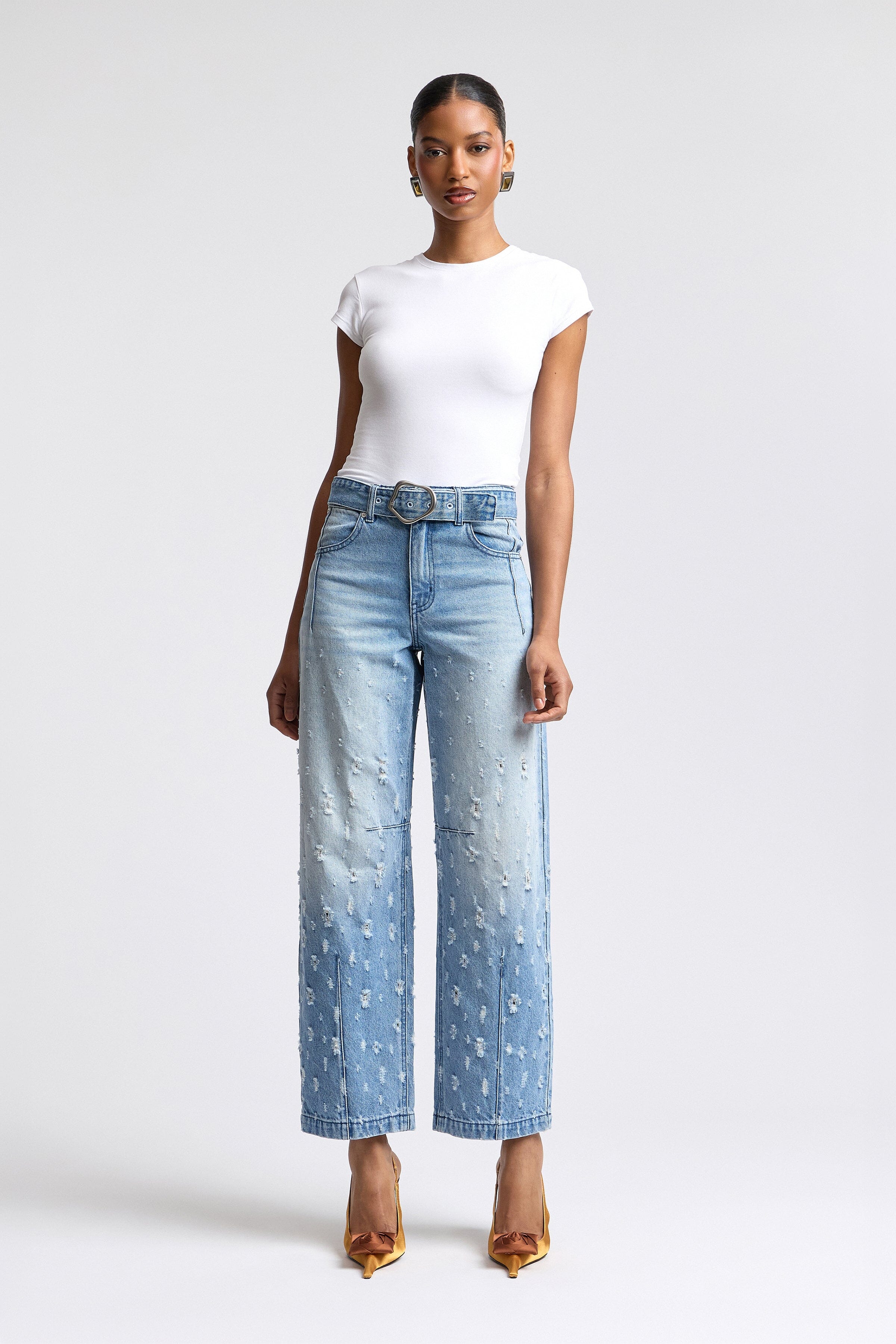 Blue wide leg distressed jeans in cotton with removable belt - Shop women's cute denim jeans by Avec Les Filles.