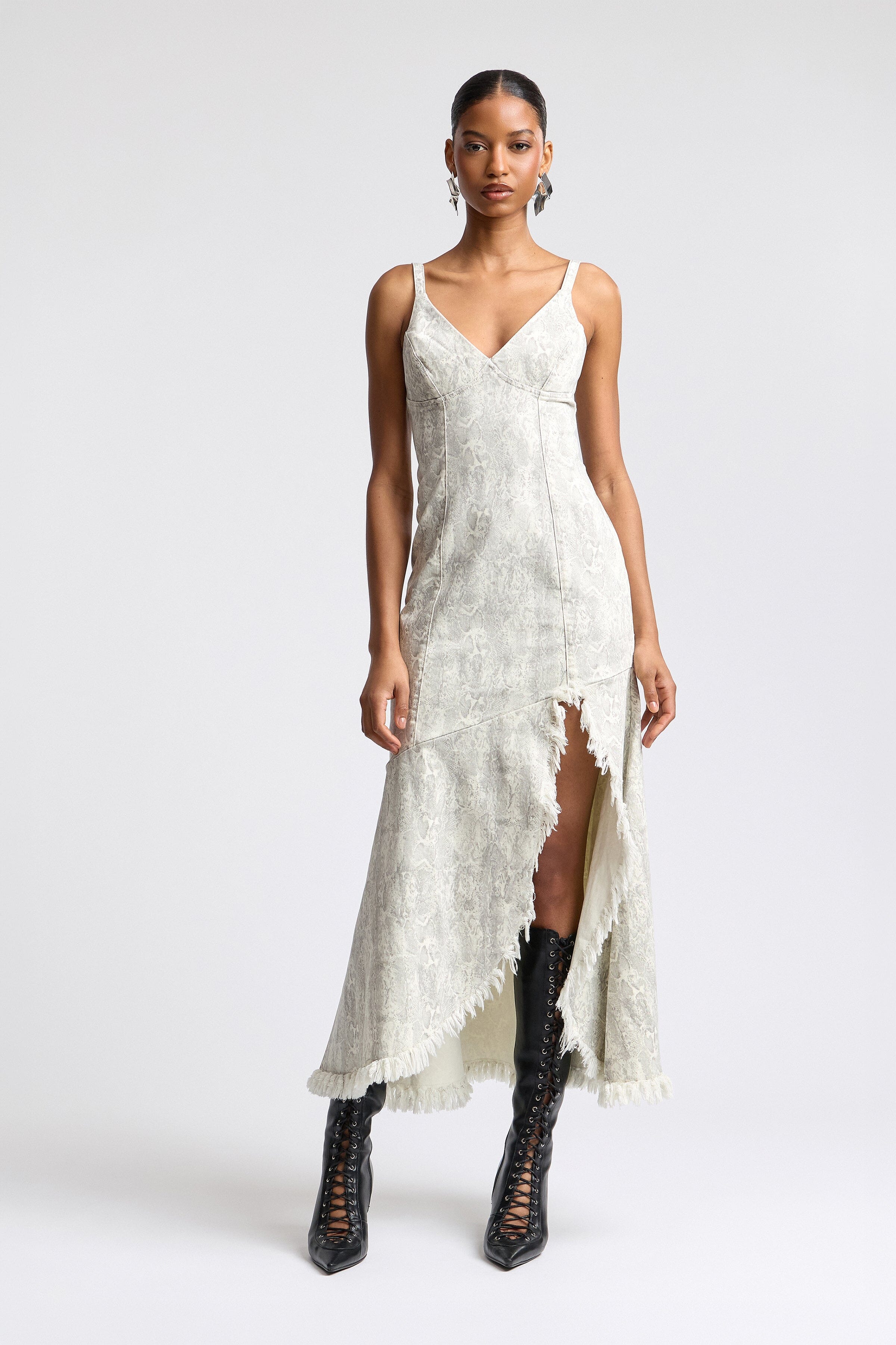Snake skin midi asymmetric denim dress with adjustable straps and V-neck - Shop cute midi dresses by Avec Les Filles