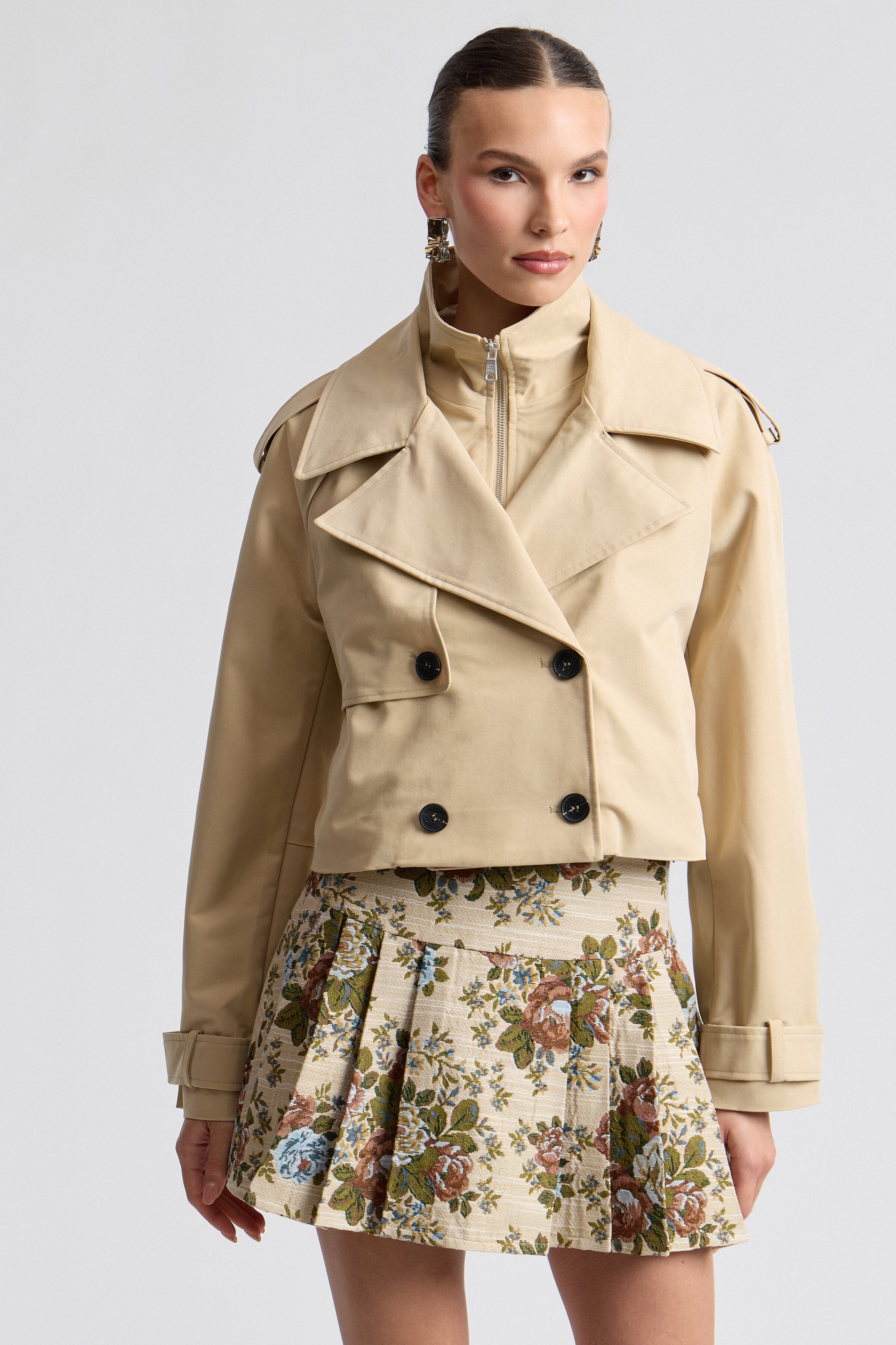 Khaki high neck cropped trench coat with long raglan sleeves - Shop designer women's trench coats by Avec Les Filles