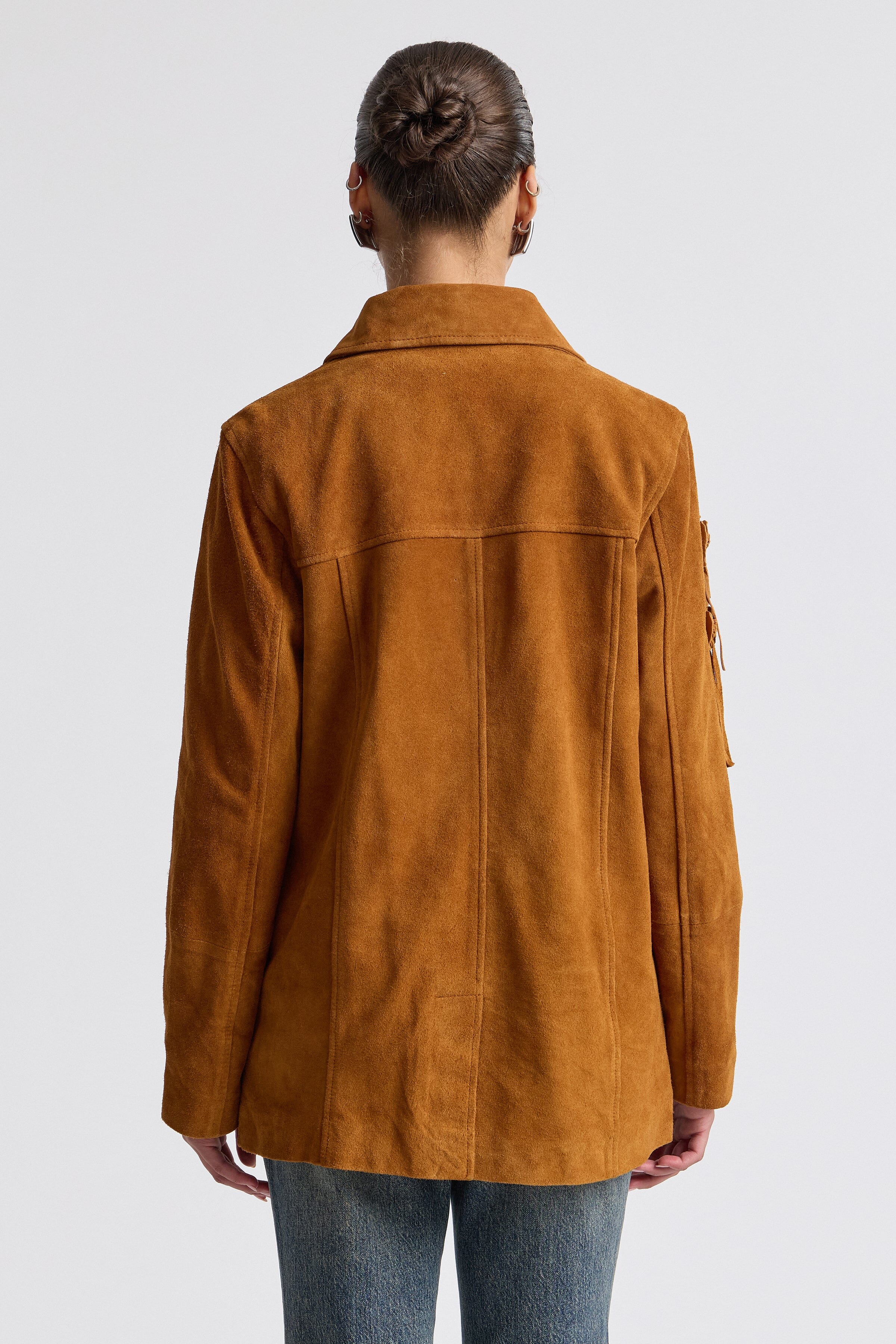 Floral appliqué genuine brown suede shirt jacket - Shop designer women's cute suede jackets by Avec Les Filles