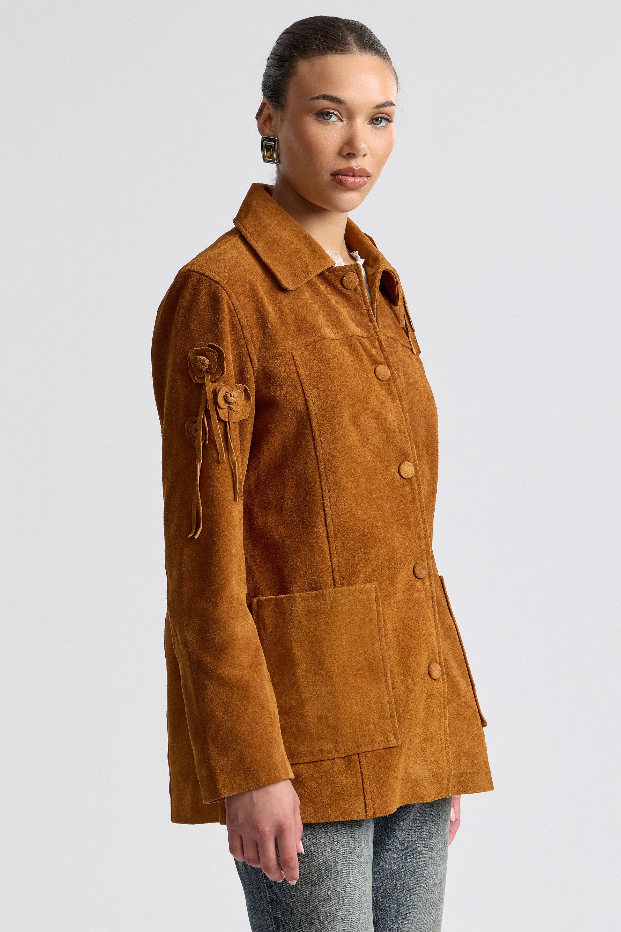 Floral appliqué genuine brown suede jacket long jacket - Shop designer women's suede jackets by Avec Les Filles