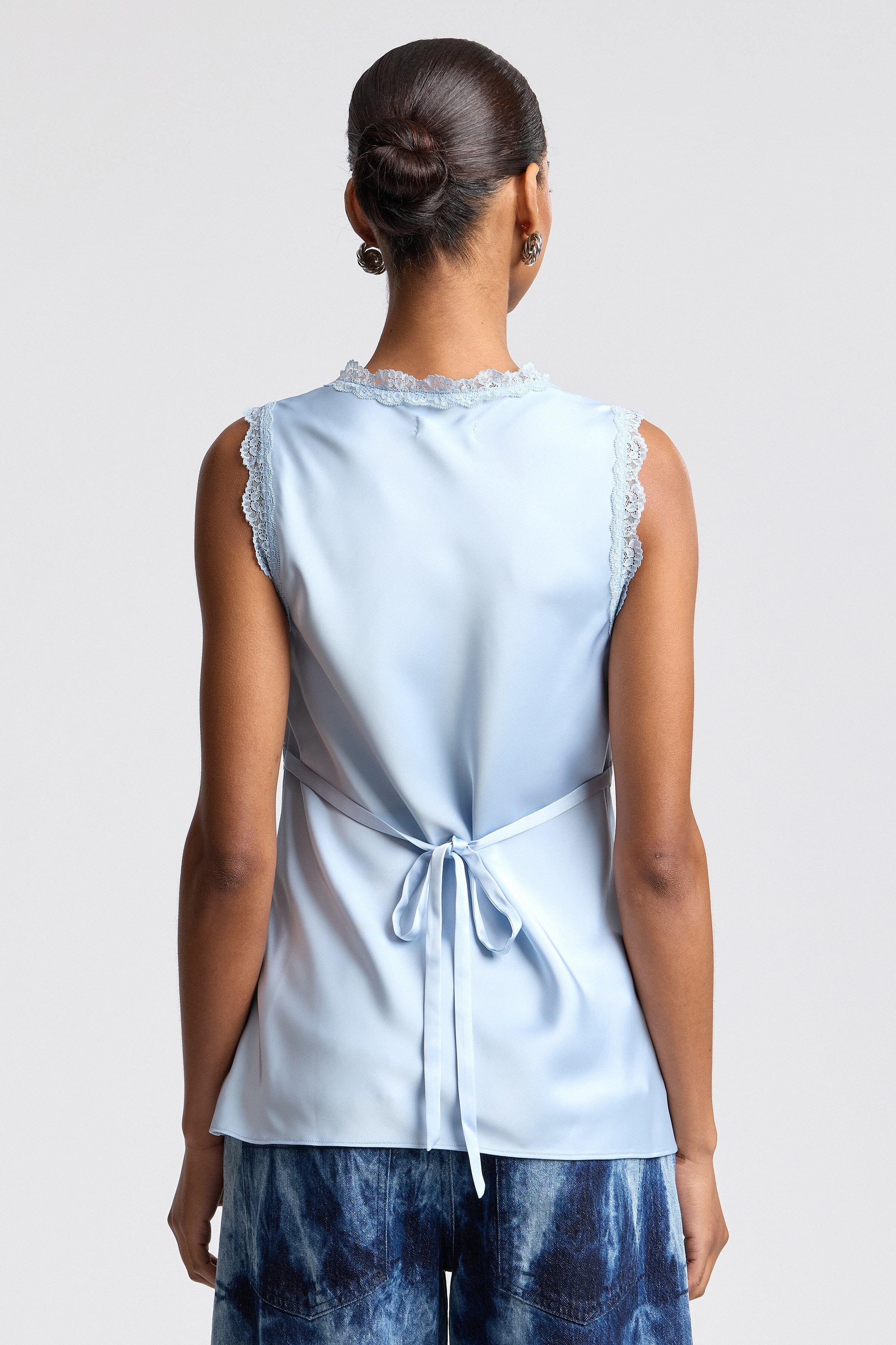 Blue satin blouse with adjustable tie - Shop designer women's cute sleeveless tops by Avec Les Filles.