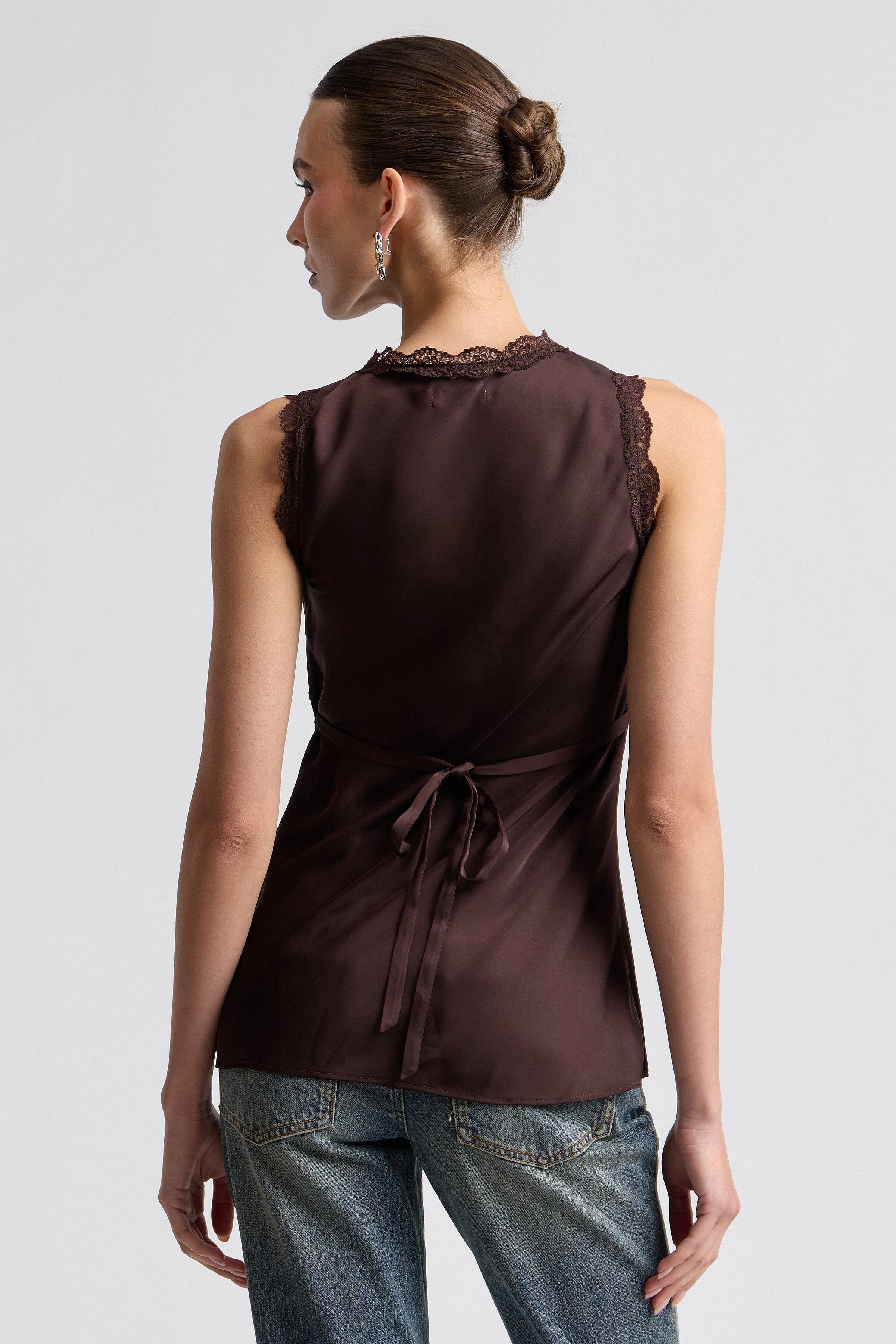 Sleeveless brown satin blouse with adjustable tie - Shop designer women's cute tops by Avec Les Filles.