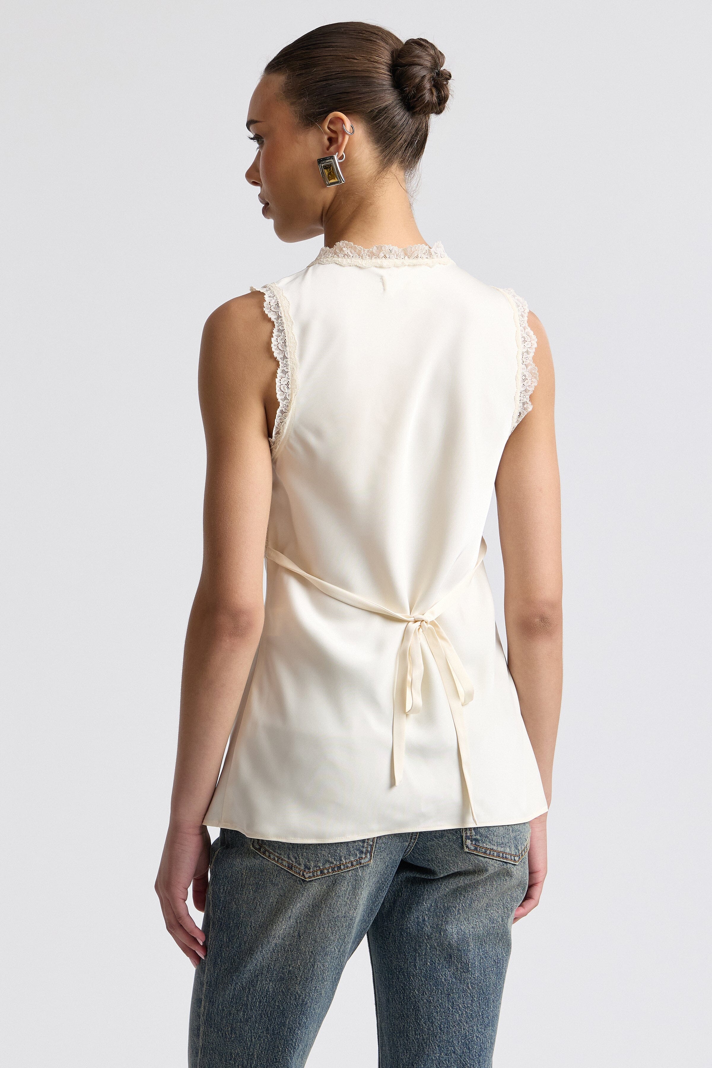 Ivory button down satin blouse with empire waist - Shop designer women's cute tops by Avec Les Filles