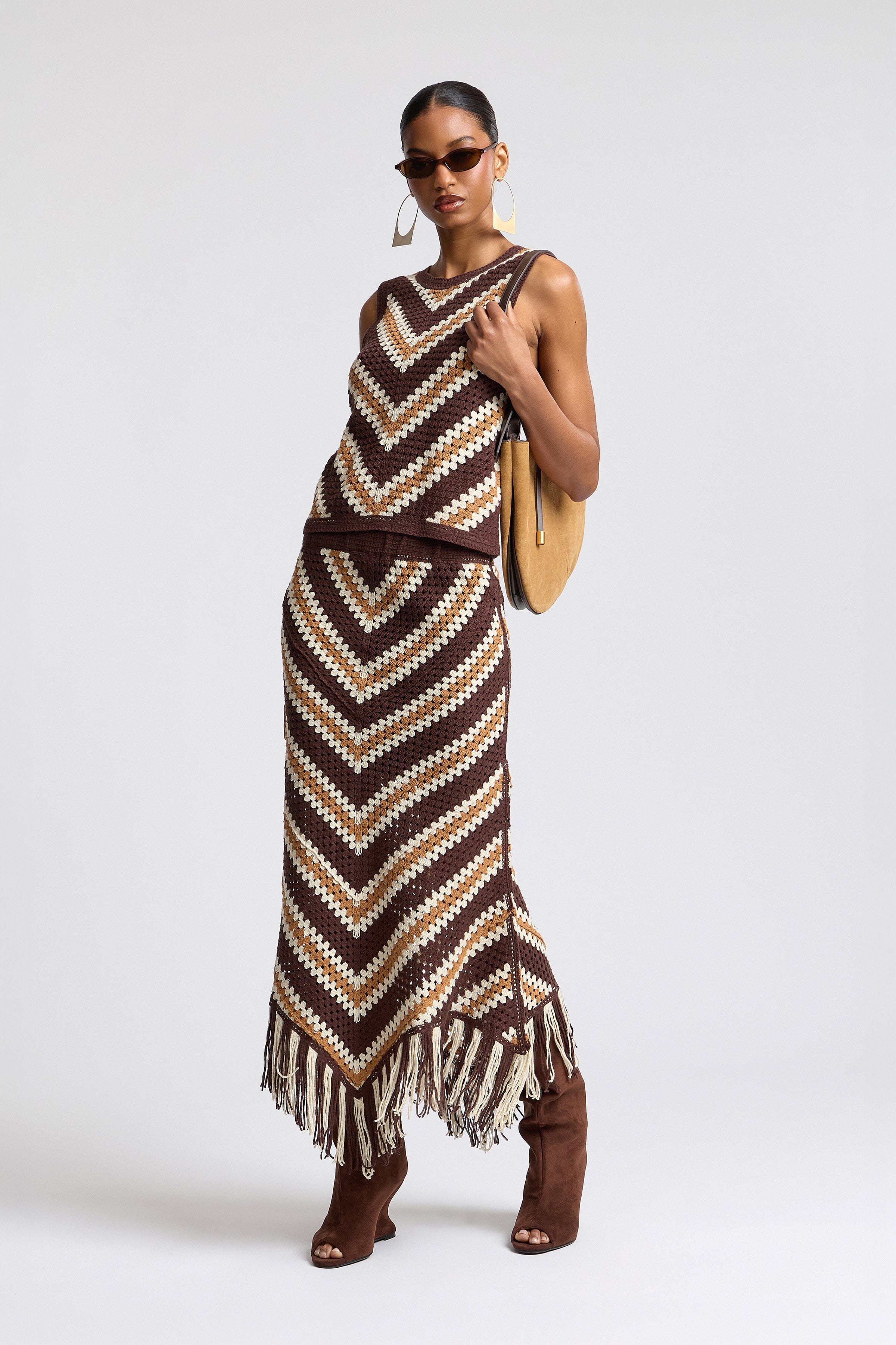 Brown chevron crochet top with fringe skirt brown - Shop women's cute sleeveless tops & skirts by Avec Les Filles