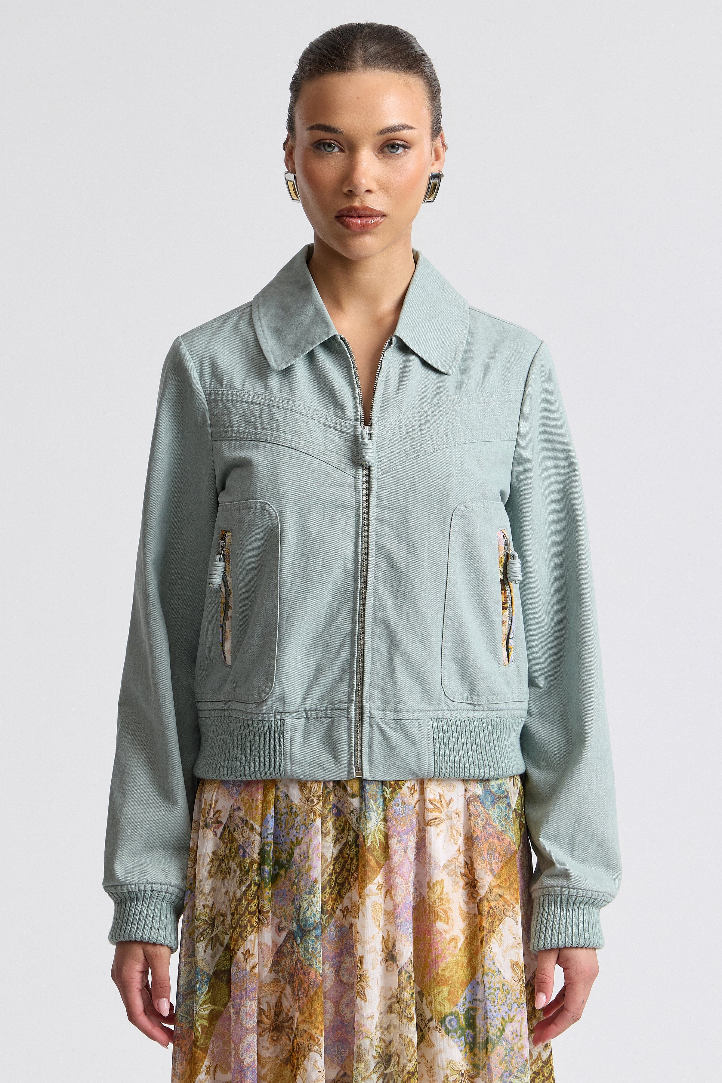 Fern washed cotton bomber zip-up jacket. Shop designer women's green bomber jackets by Avec Les Filles.