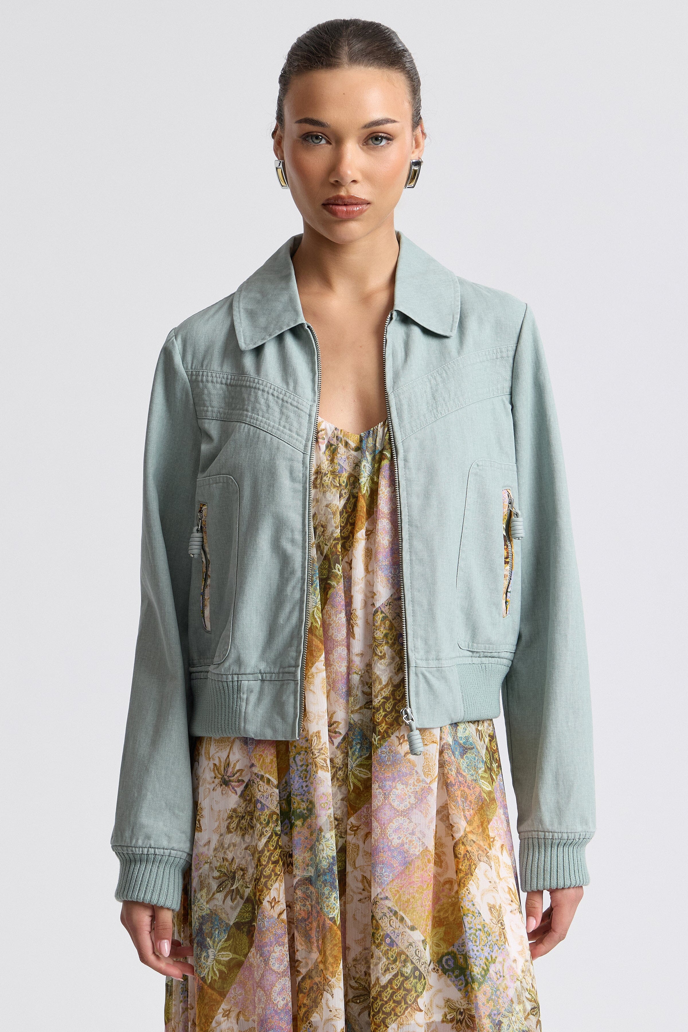 Fern washed green cotton bomber zip up jacket - Shop designer women's bomber jackets by Avec Les Filles.