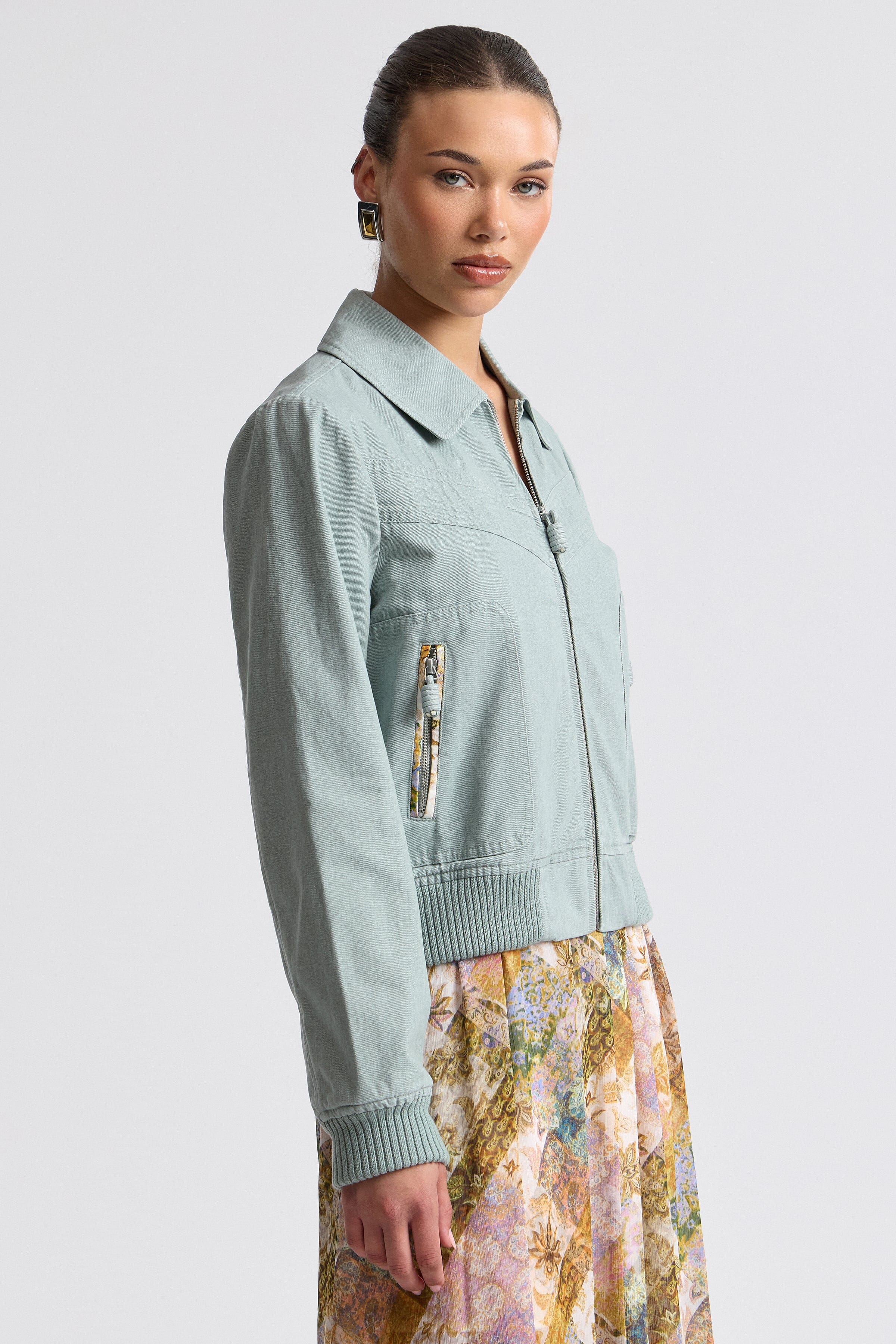 Fern washed cotton green bomber jacket ladies. Shop designer women's bomber jackets by Avec Les Filles.