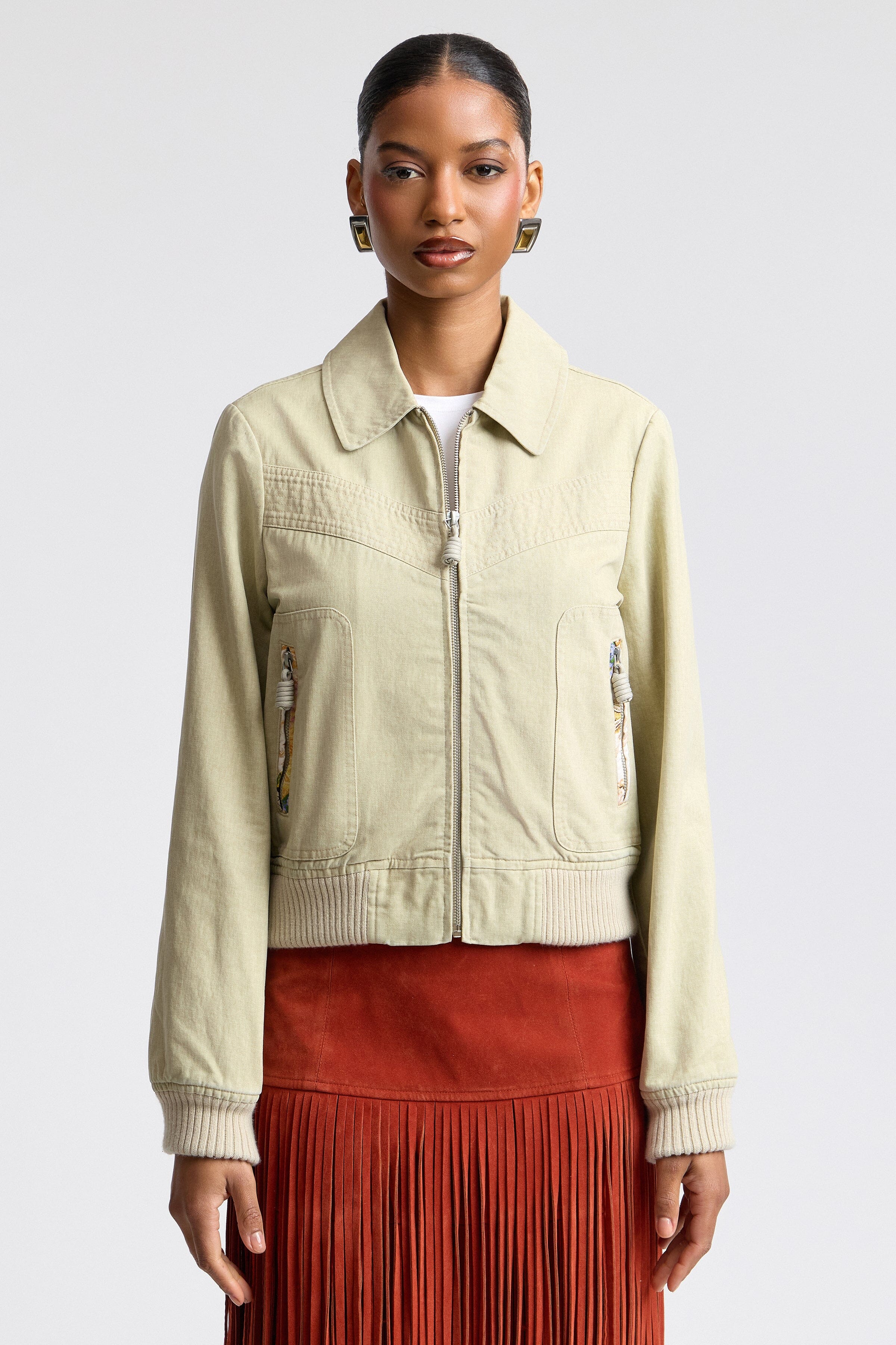 Ladies khaki cotton bomber jacket with with long sleeves and front zip - Shop cute bomber jackets by Avec Les Filles.