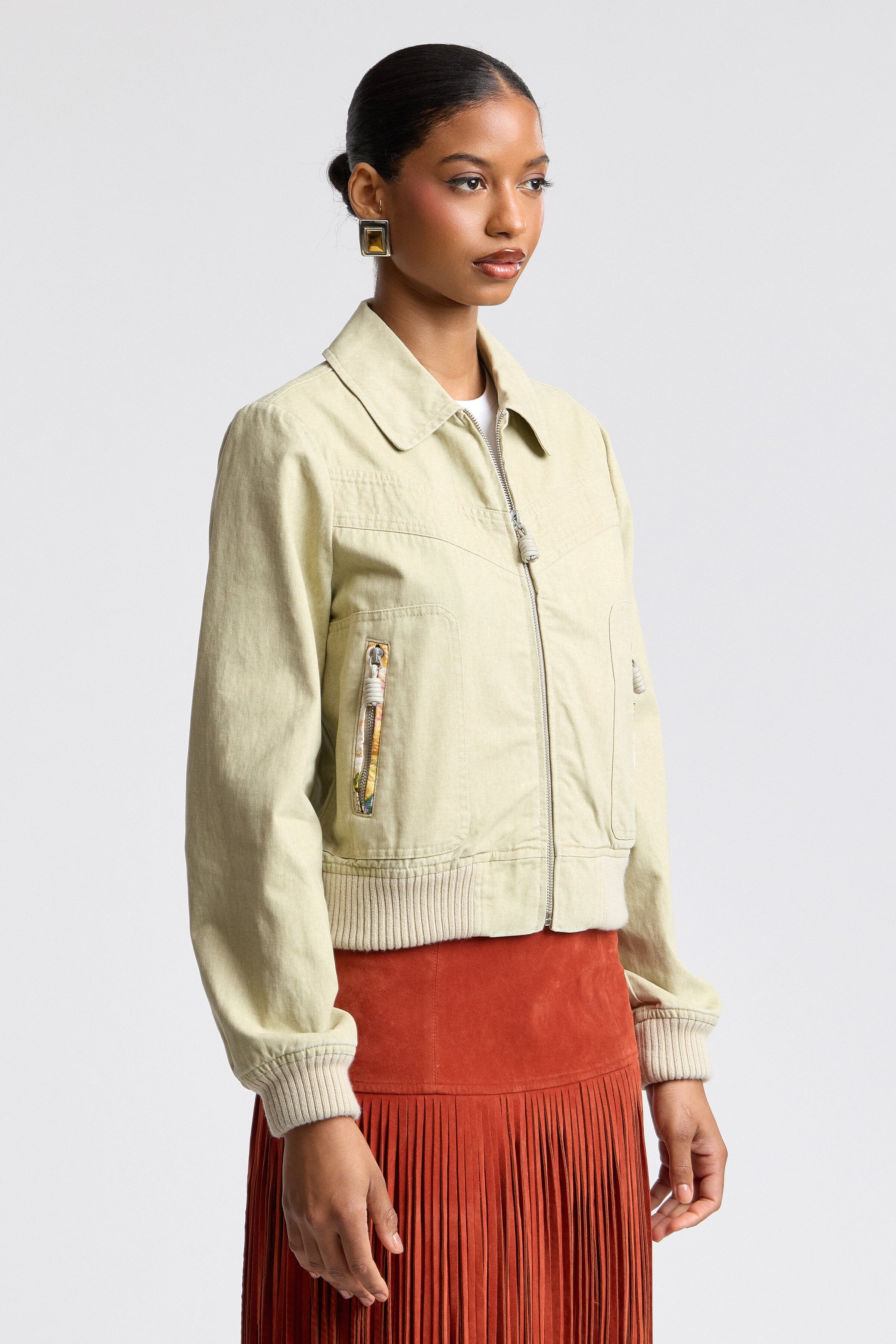 khaki color bomber jacket for ladies in 100% cotton - Shop designer women's bomber jackets by Avec Les Filles.
