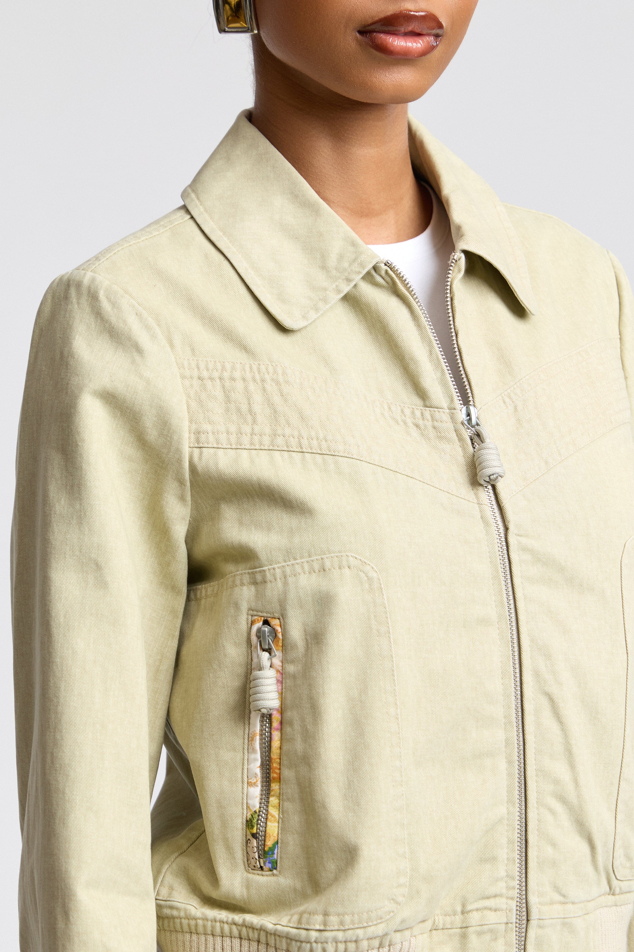 Khaki bomber zip up jacket in cotton with long sleeves - Shop designer women's bomber jackets by Avec Les Filles.