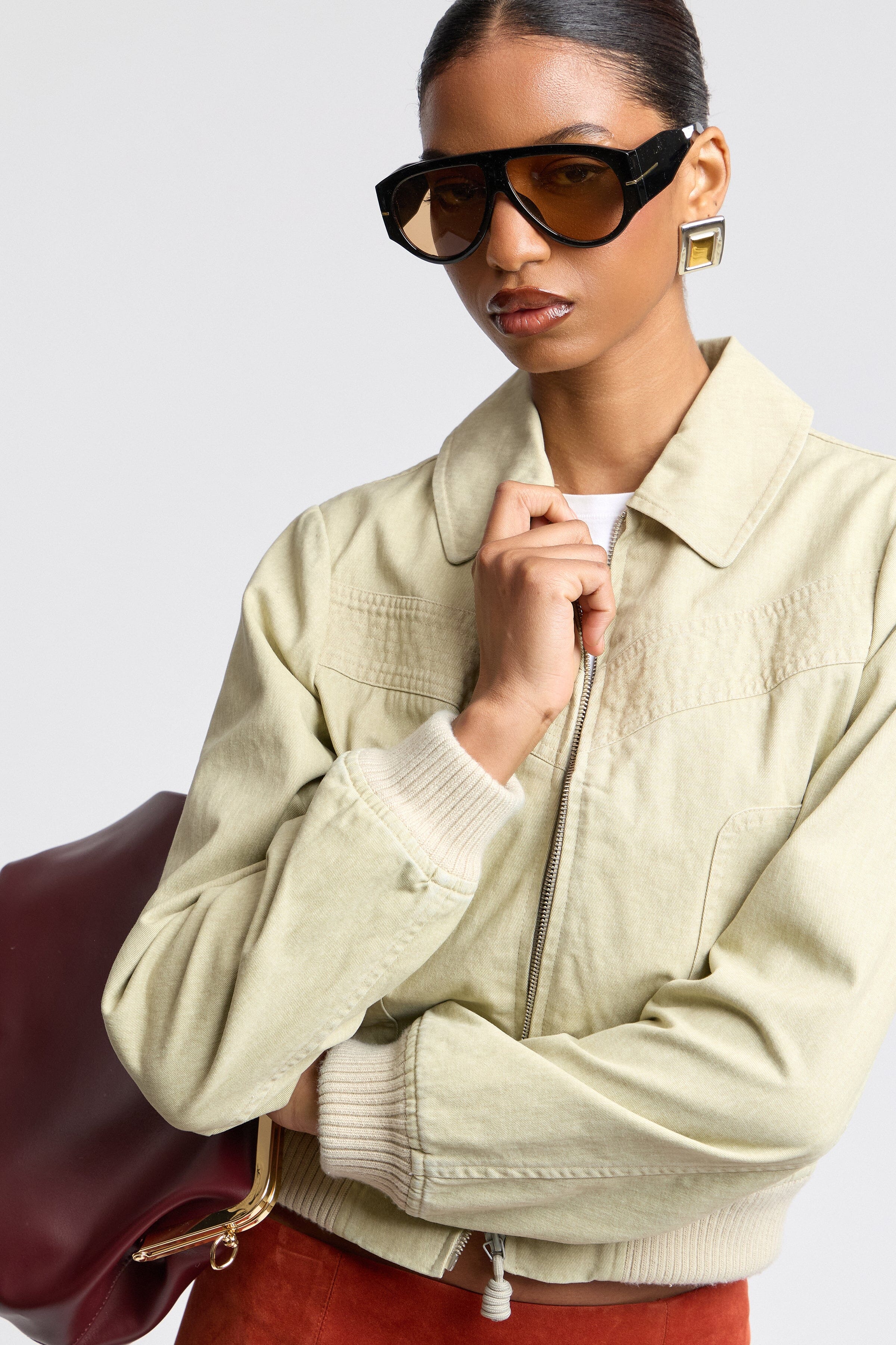 Khaki color bomber jacket in 100% cotton with front zip - Shop designer women's bomber jackets by Avec Les Filles.