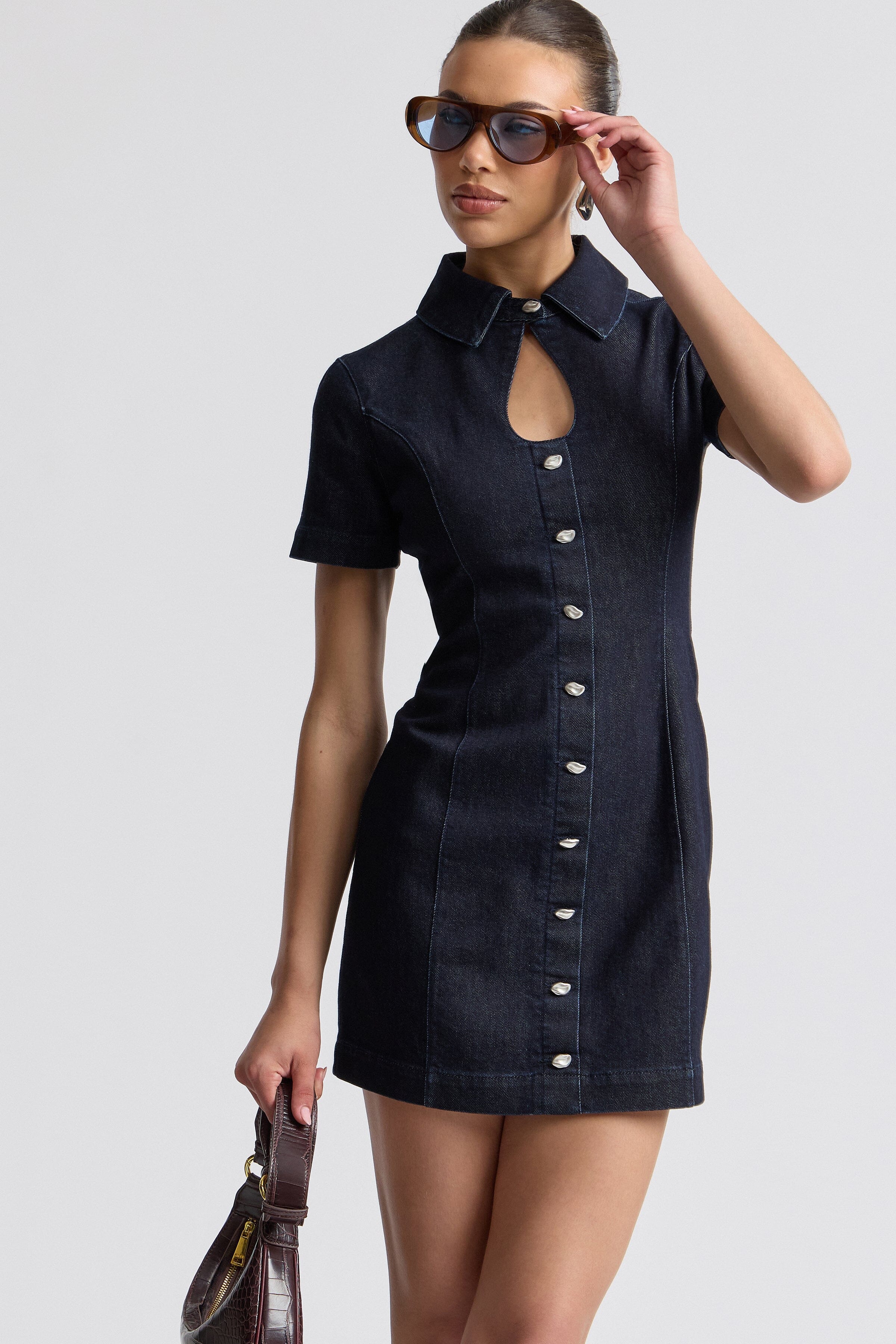 Stretch dark denim mini dress with button-front and keyhole neck - Shop women's cute mini dresses by Avec Les Filles