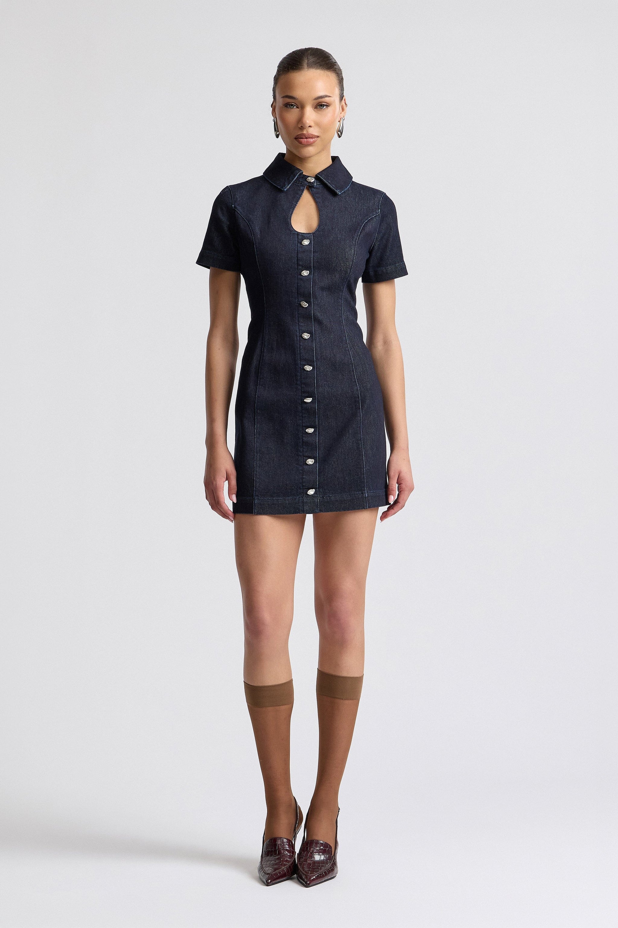 Stretch Denim Collared Keyhole Mini Dress