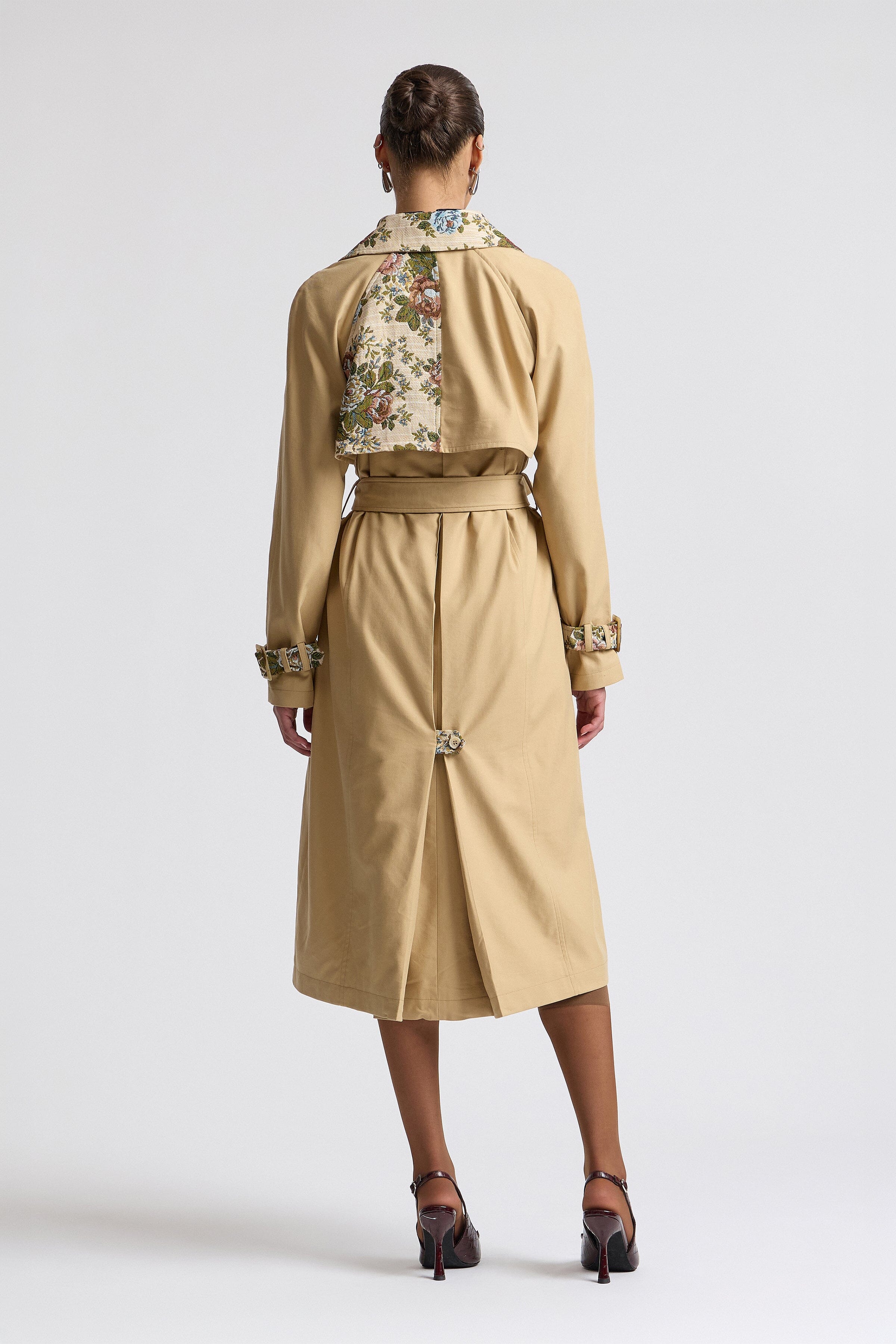 Classic tan trench coat womens in cotton twill with floral jacquard accents - Shop cute trench coats by Avec Les Filles