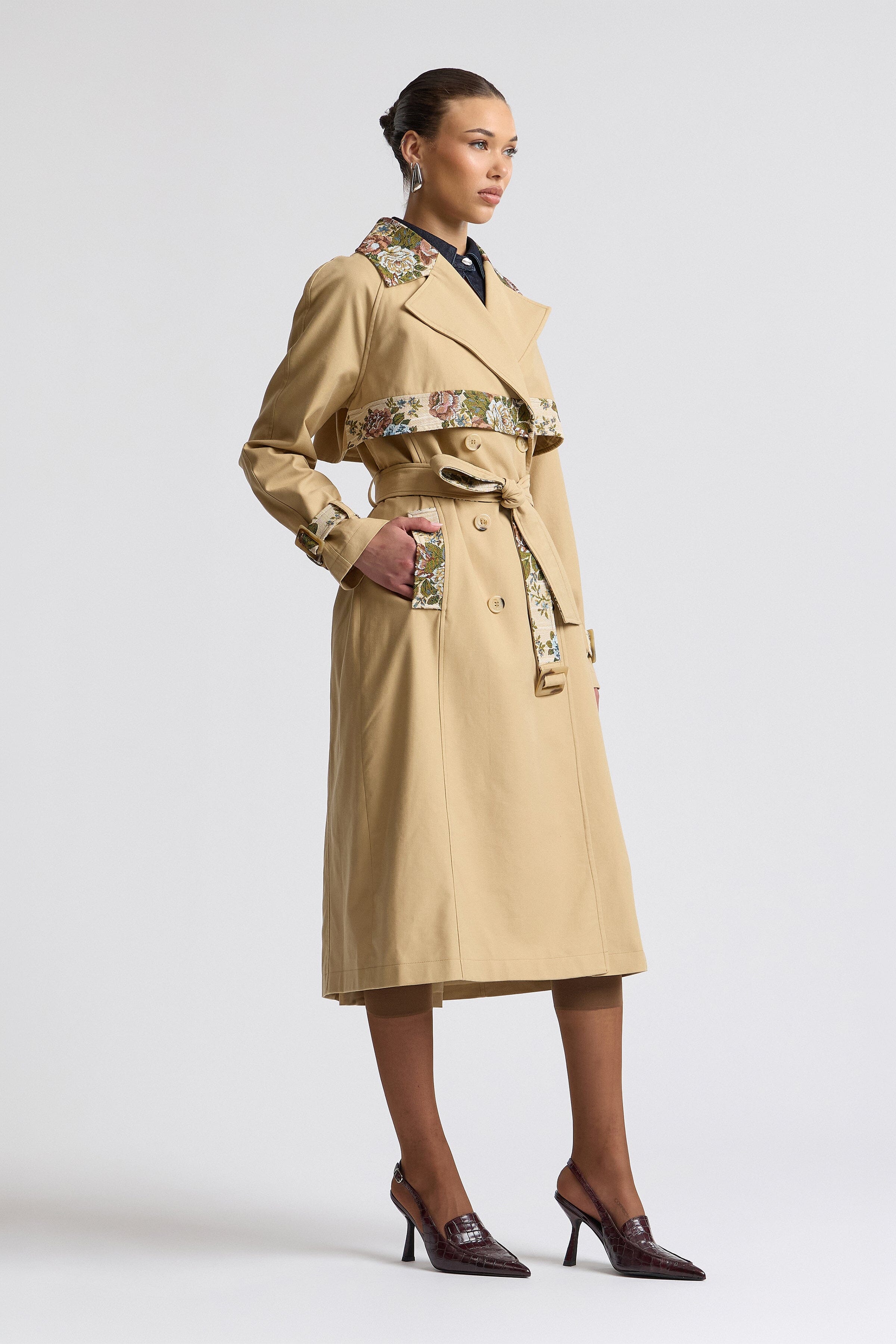 Classic tan cotton twill trench coat with floral jacquard accents - Shop designer women's trench coats by Avec Les Filles