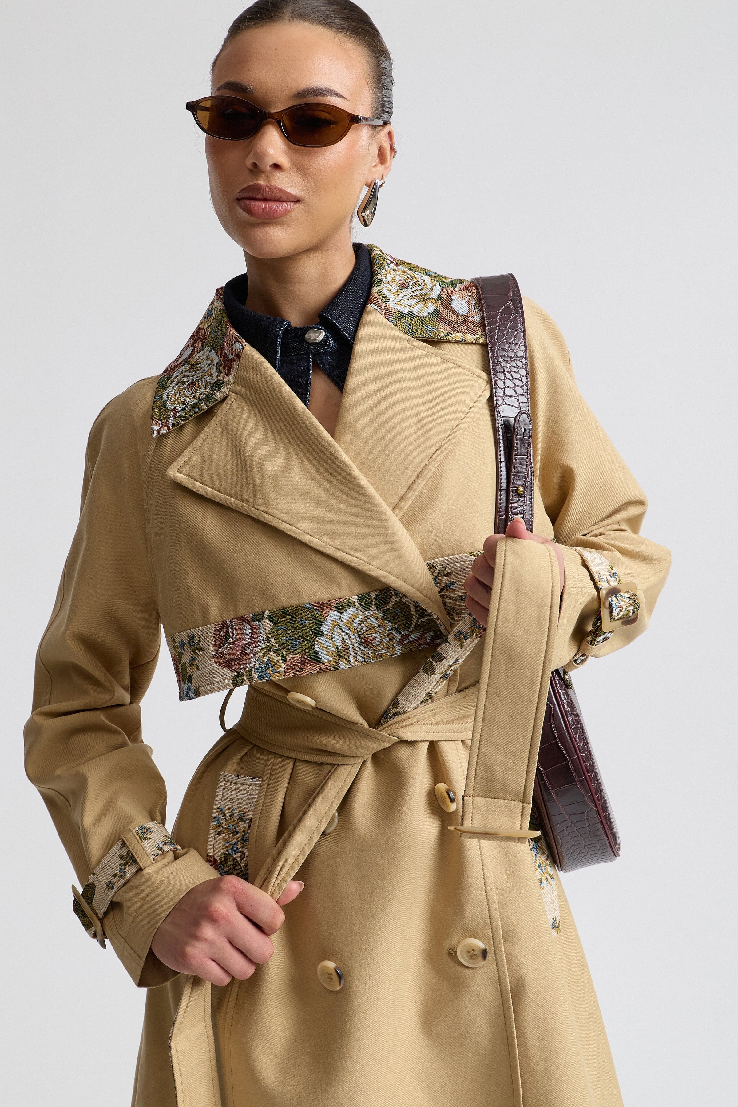 Classic tan long floral coat in cotton twill with floral jacquard accents - Shop women's trench coats by Avec Les Filles
