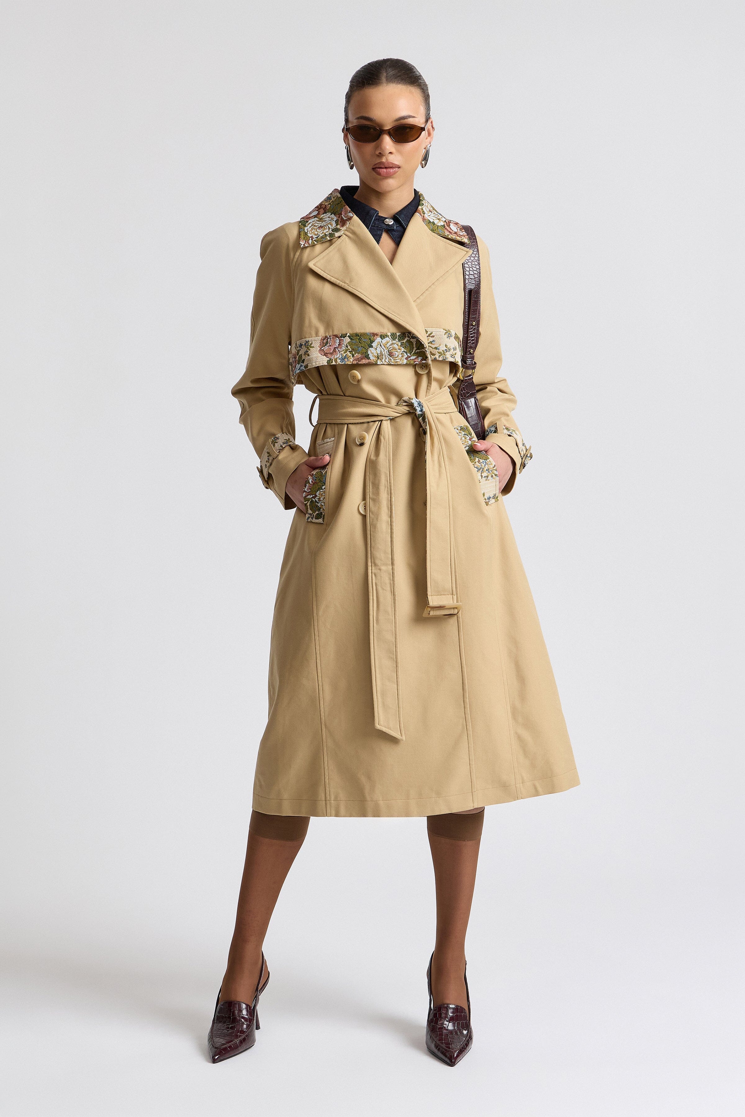 Classic tan cotton trench coat women with floral jacquard accents - Shop designer trench coats by Avec Les Filles