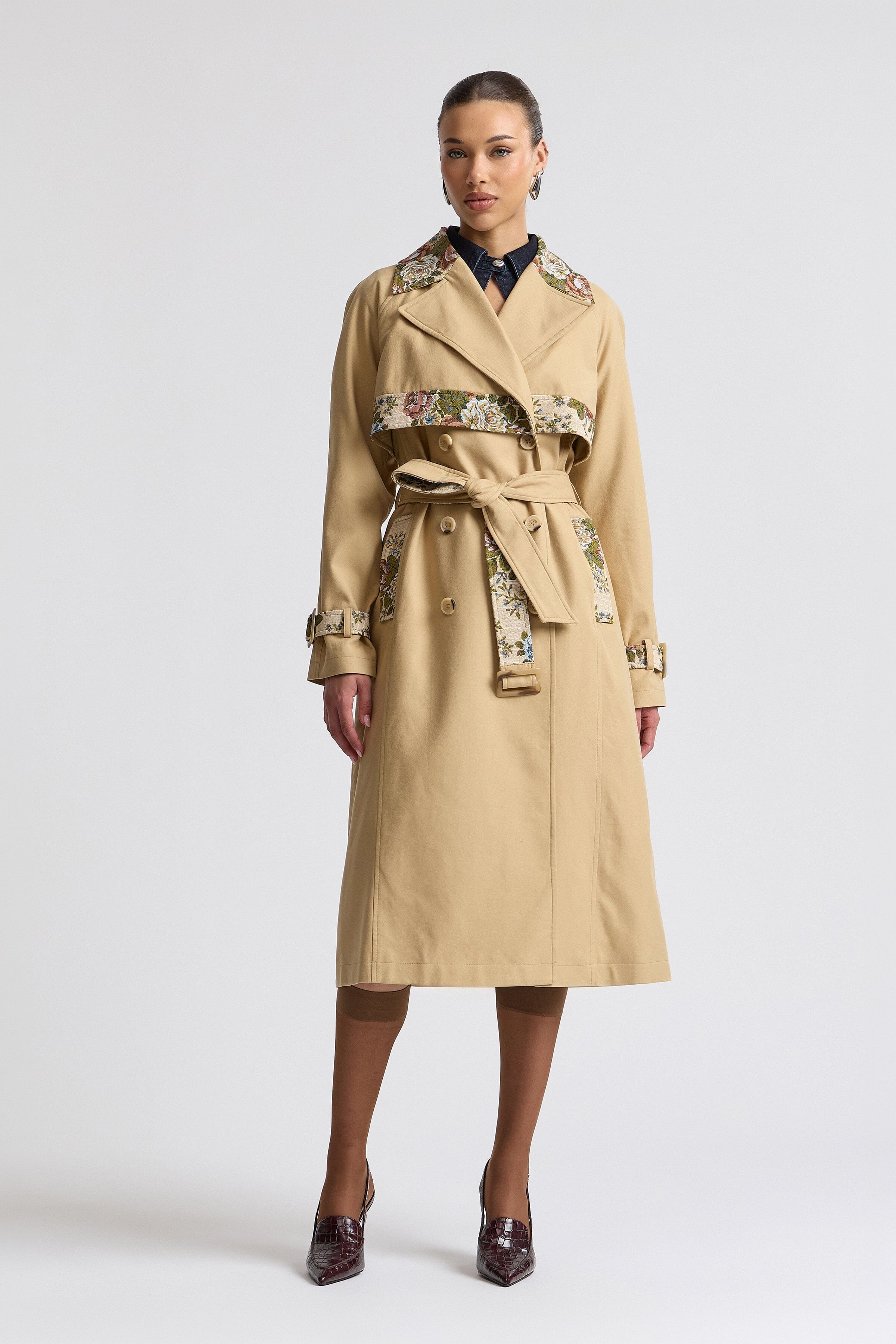 Classic taupe trench coat in cotton twill with floral jacquard accents - Shop women's trench coats by Avec Les Filles