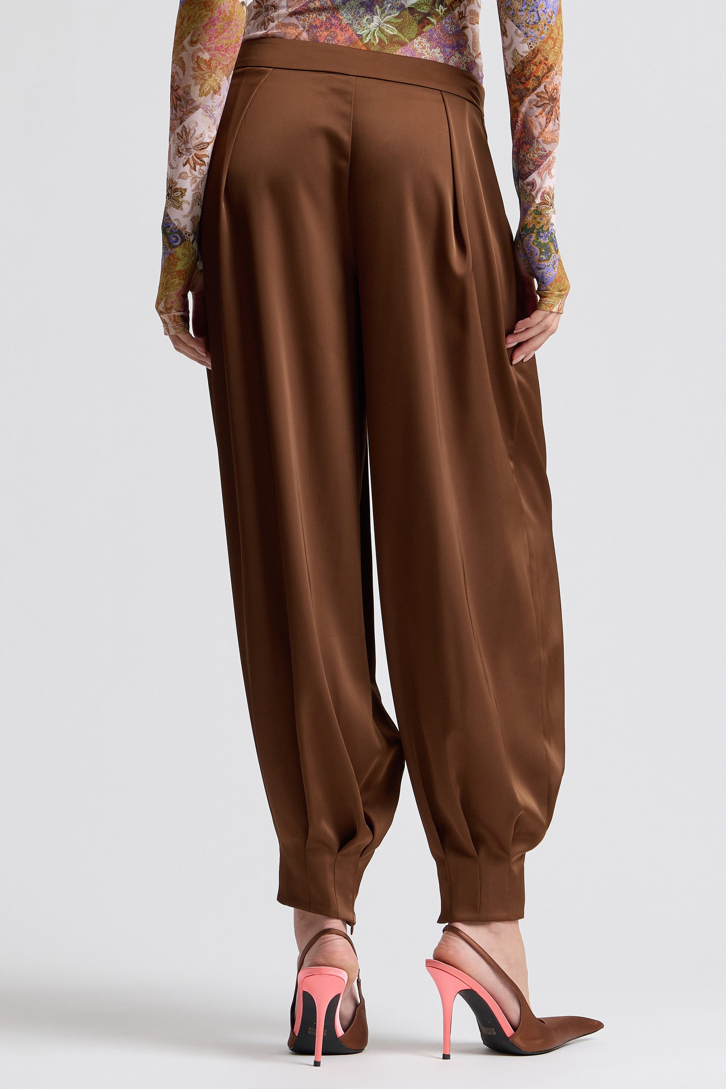 Chocolate pleated satin pants. Shop designer women's pants by Avec Les Filles.
