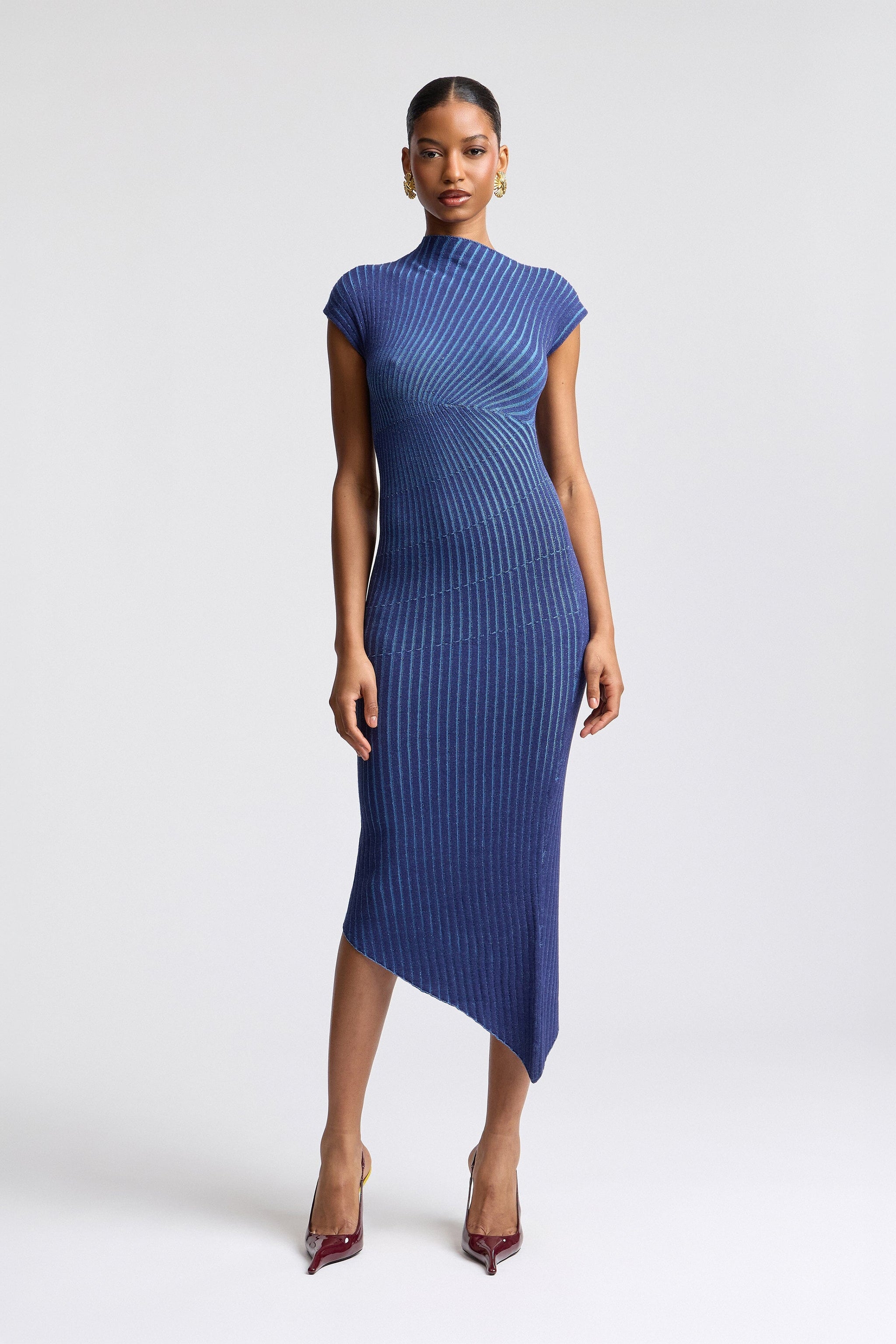 Blue Ribbed Knit Midi Sweater Dress
