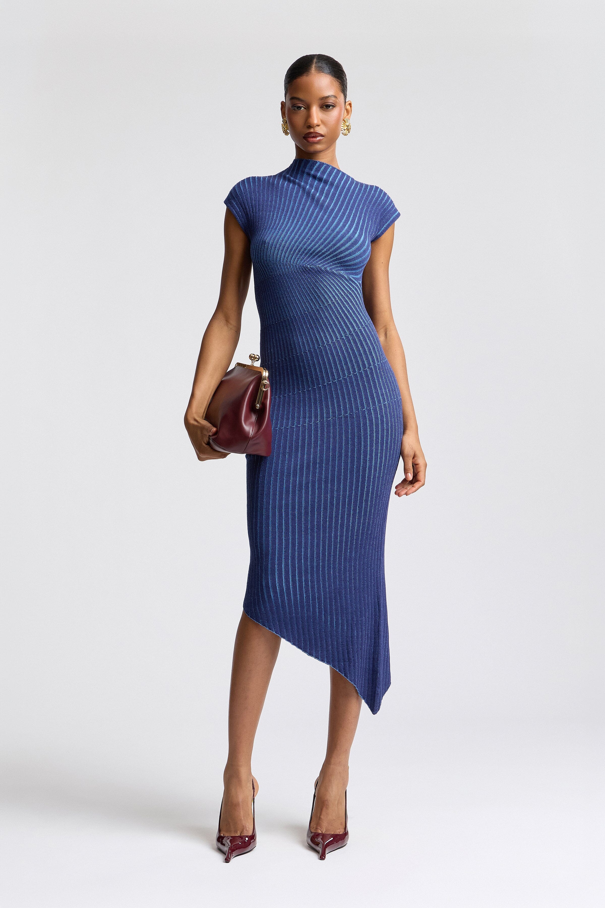 Radial blue asymmetrical sweater dress with mock neck and cap sleeves - Shop cute midi dresses by Avec Les Filles