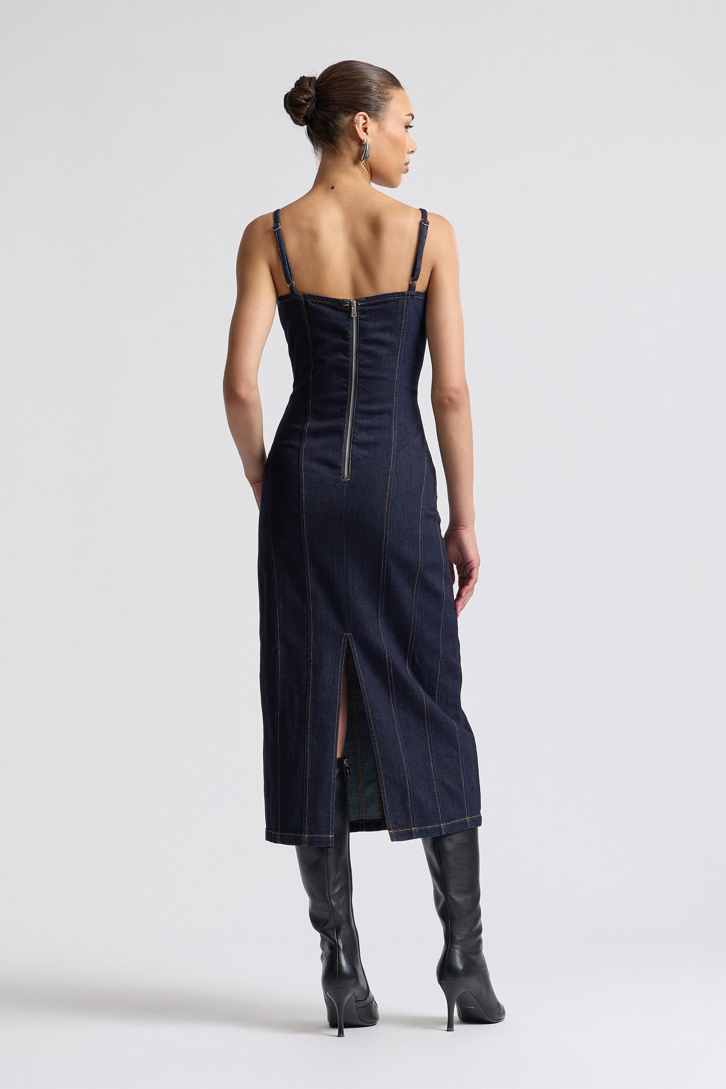 Dark blue midi bodycon denim dress with adjustable straps - Shop women's cute midi dresses by Avec Les Filles.