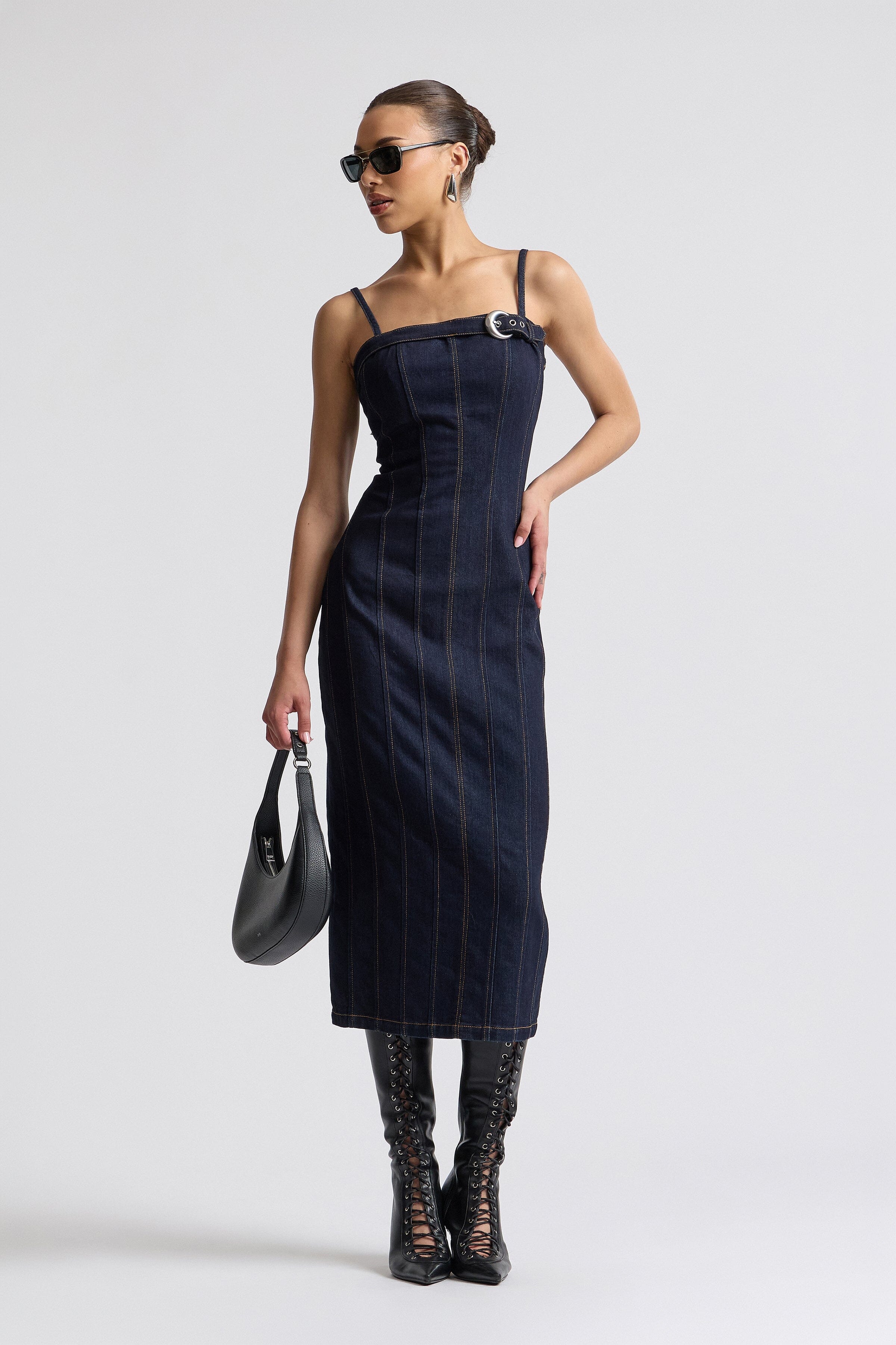Dark blue midi bodycon denim dress with adjustable straps - Shop women's cute midi dresses by Avec Les Filles.