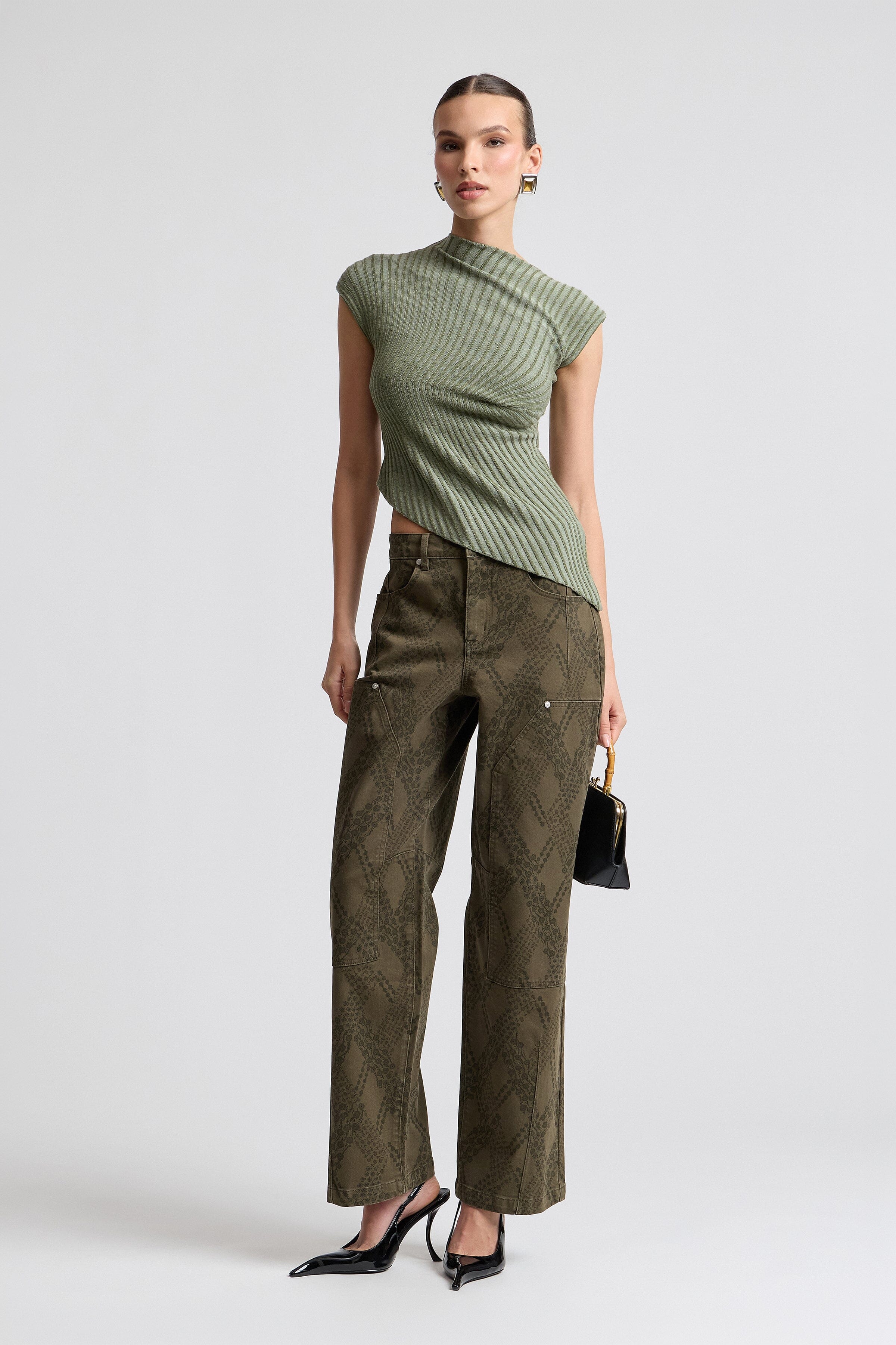 Brown paisley denim carpenter jeans in stretch cotton with straight-leg fit - Shop printed denim pants by Avec Les Filles