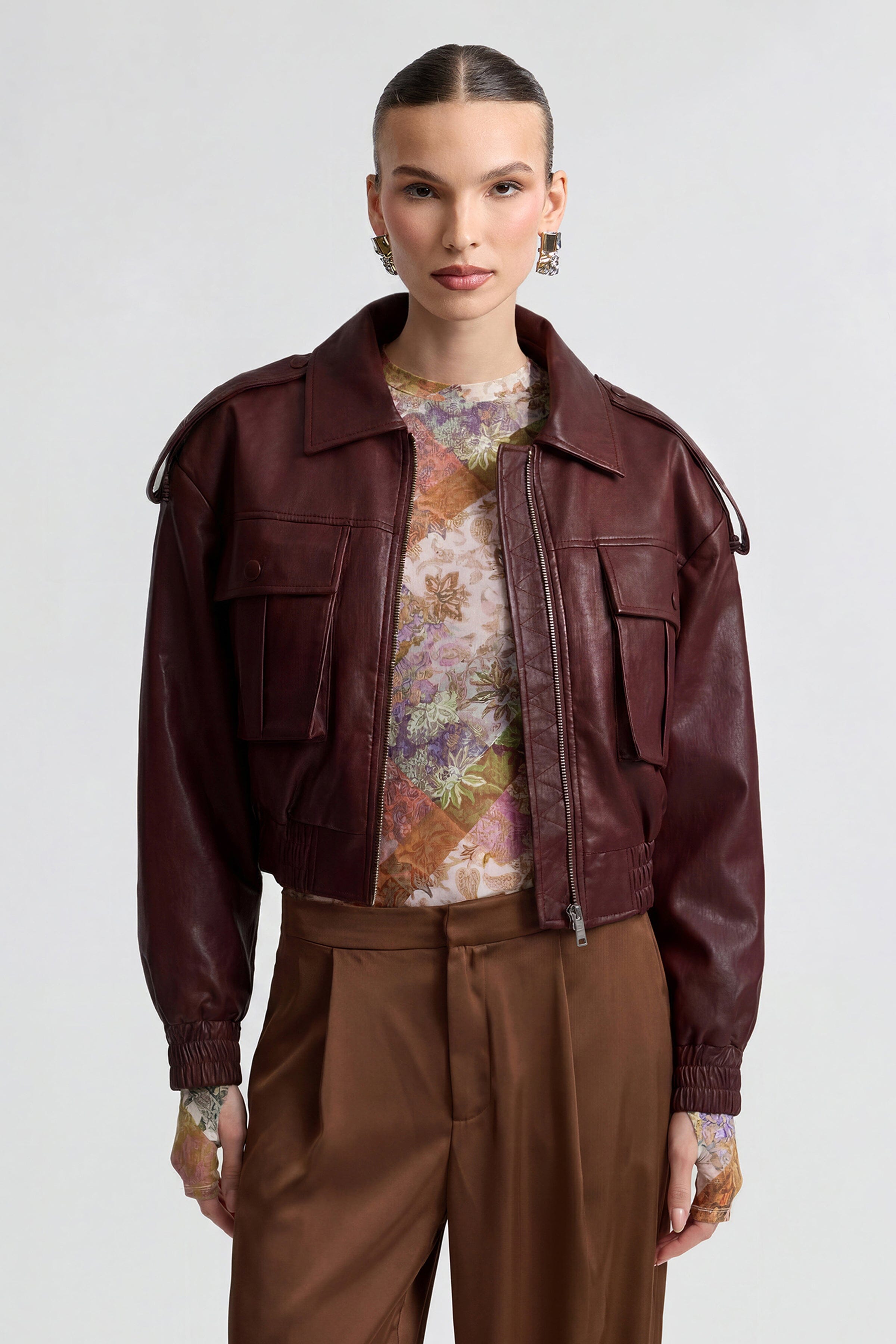 Bomber jacket dark red with elasticised waistband - Shop designer women's bomber jackets by Avec Les Filles