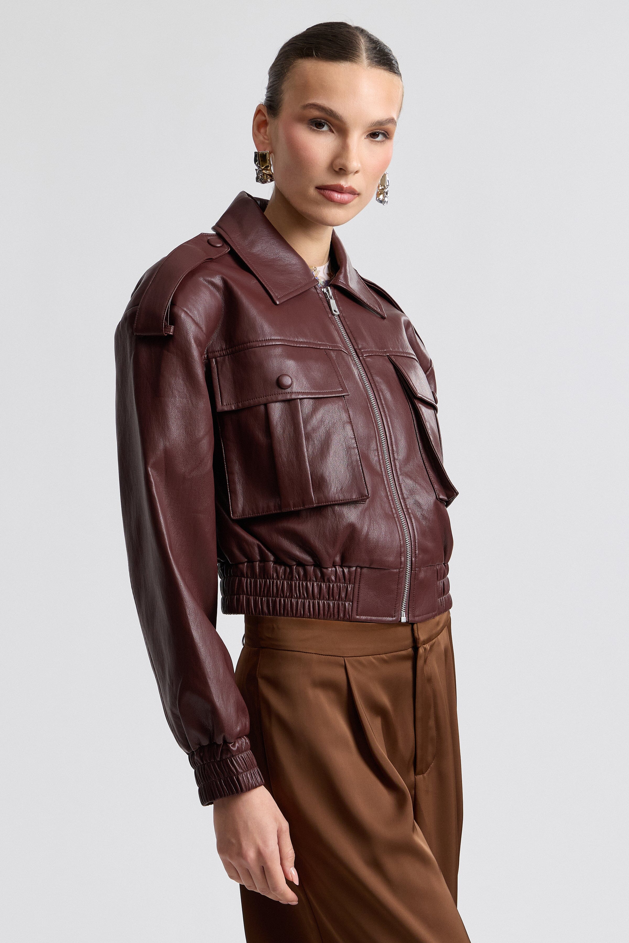 Oversized faux leather dark red bomber jacket - Shop designer women's bomber jackets by Avec Les Filles