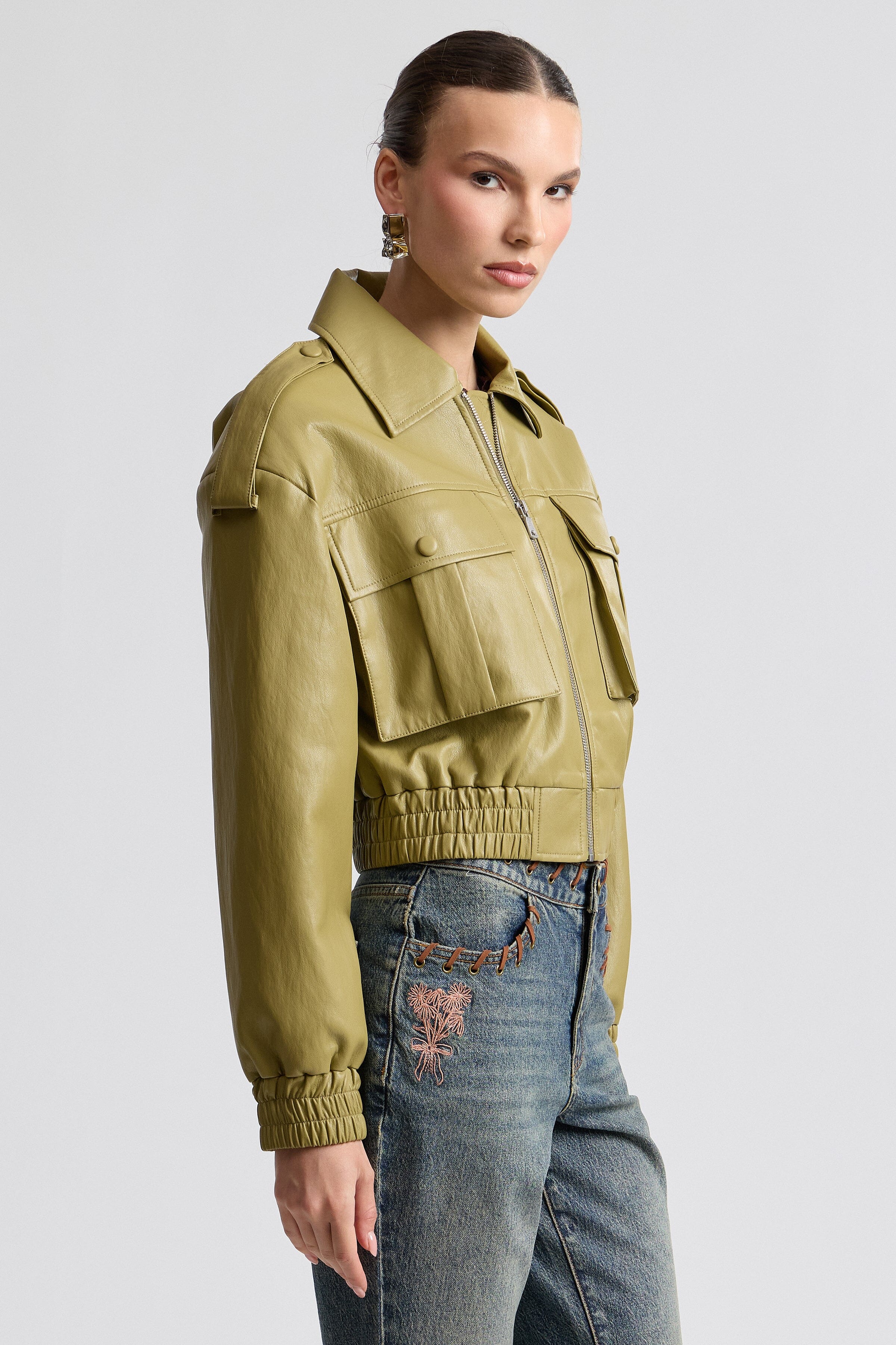 womens faux leather bomber jacket with strong shoulder pads and elastic waist - Shop bomber jackets by Avec Les Filles