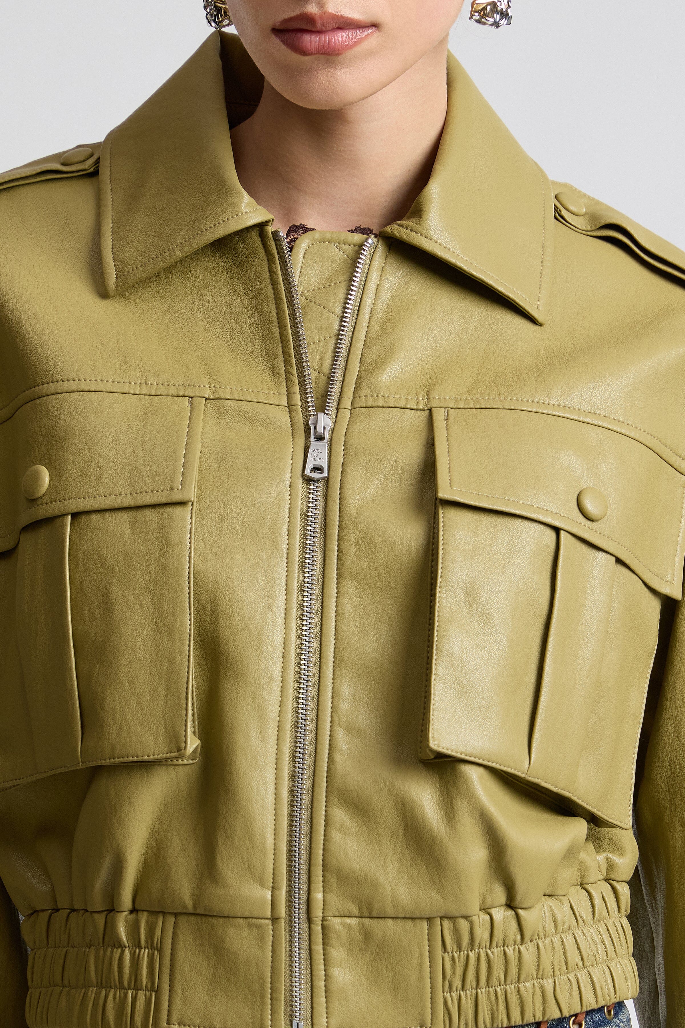 Oversized faux leather green bomber jacket ladies with elastic waist - Shop bomber jackets by Avec Les Filles