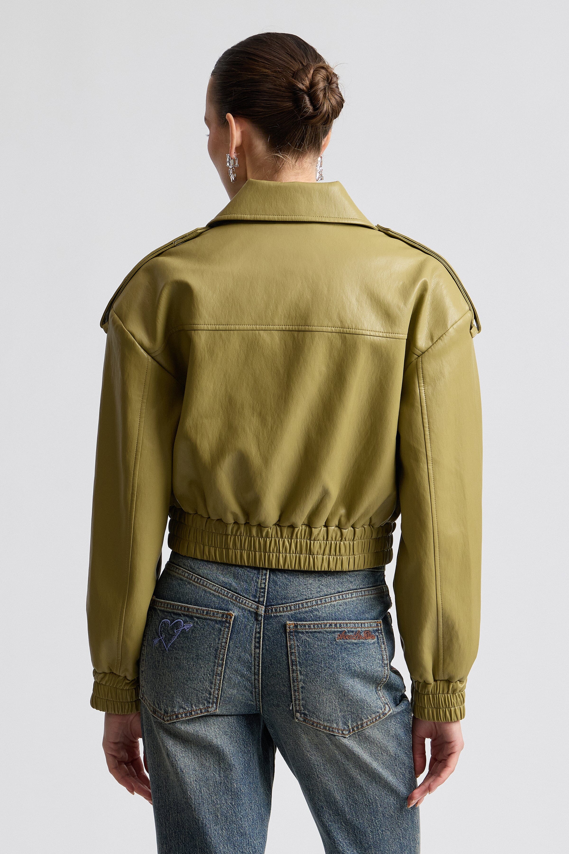 Oversized faux leather olive green bomber jacket womens with strong shoulder pads - Shop designer jackets by Avec Les Filles