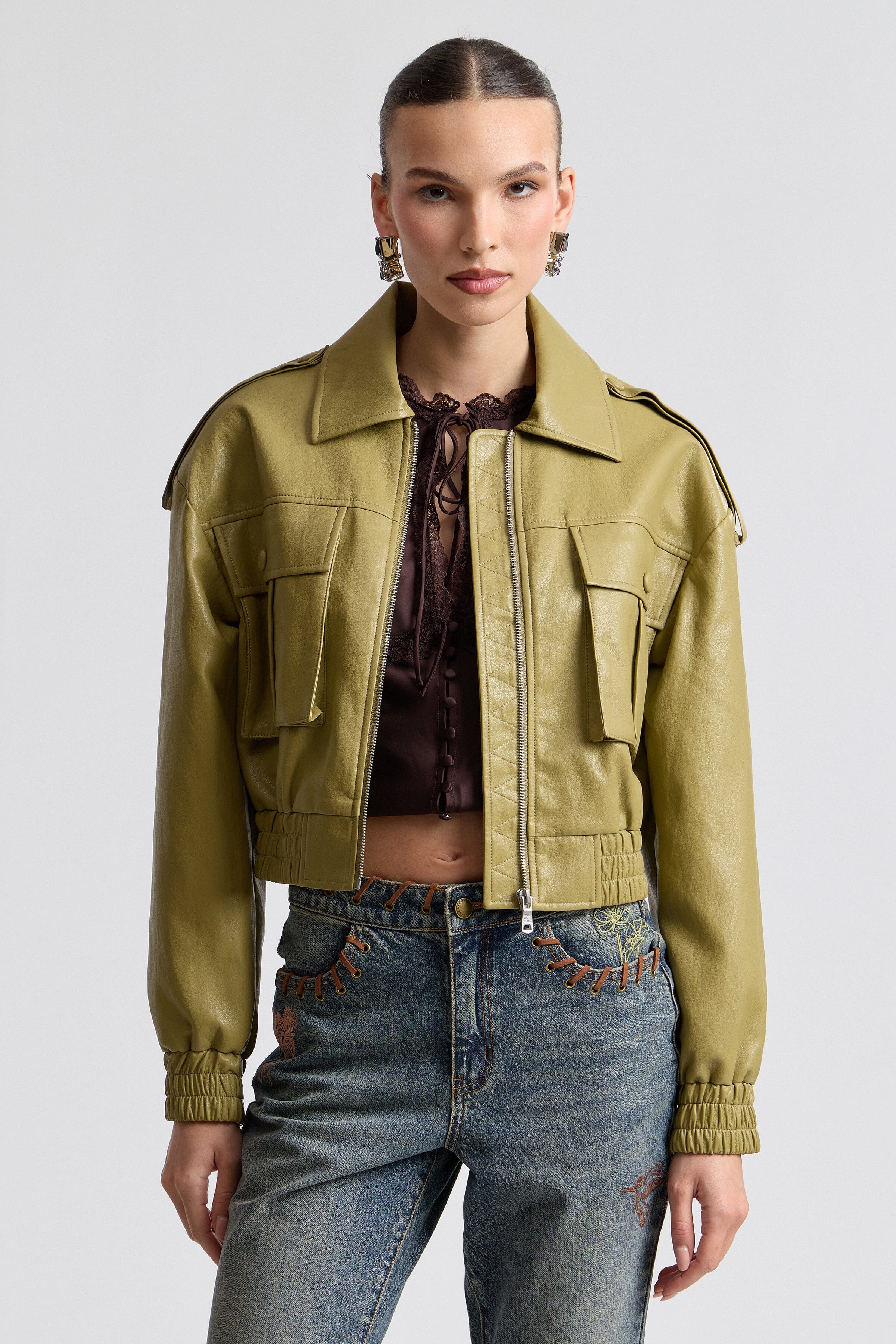 Oversized faux leather olive green bomber jacket with elastic waist - Shop women's bomber jackets by Avec Les Filles