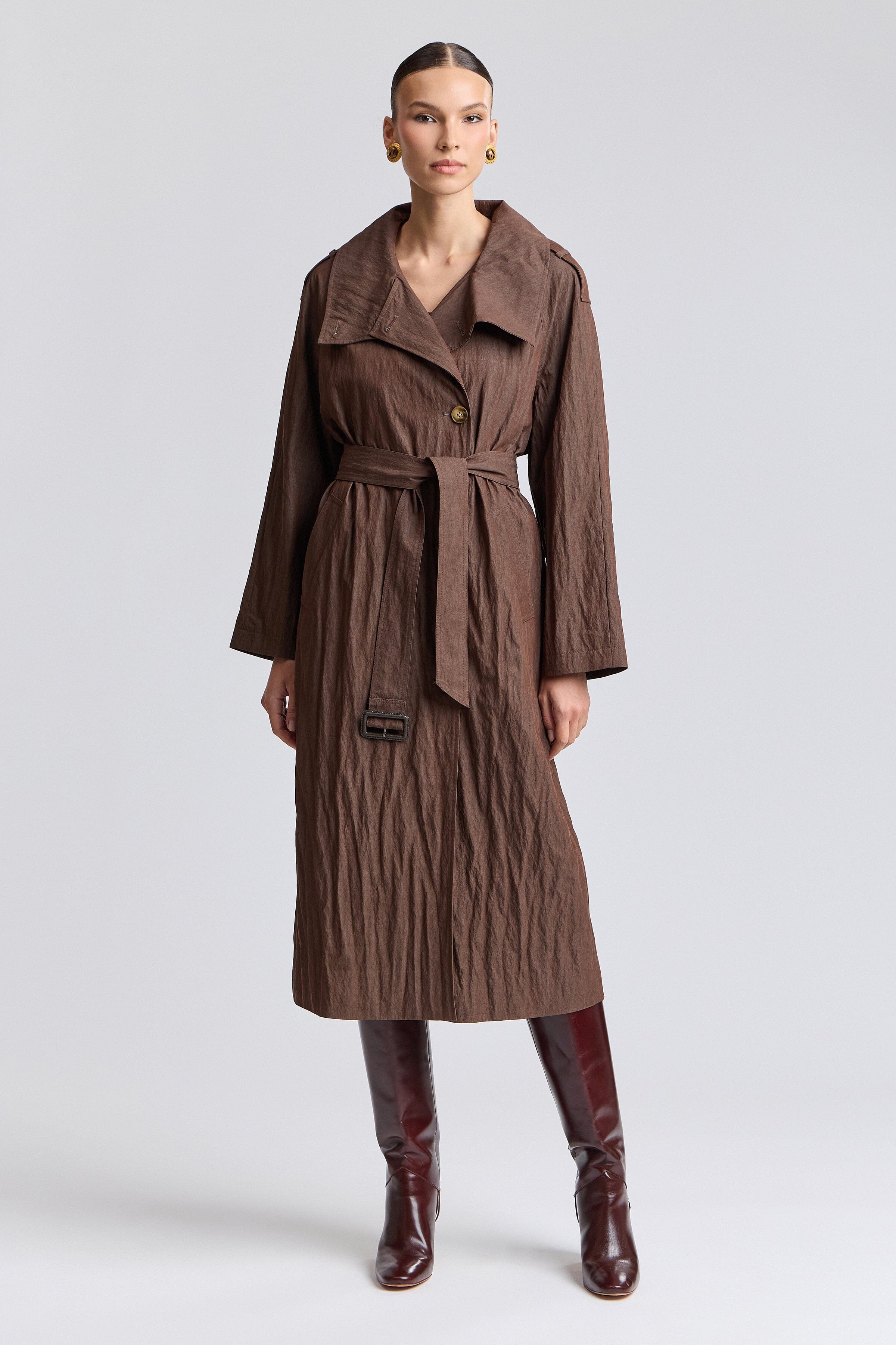 Brown long female trench coat is crafted from lightweight crinkle fabric - Shop womens trench coats by Avec Les Filles.