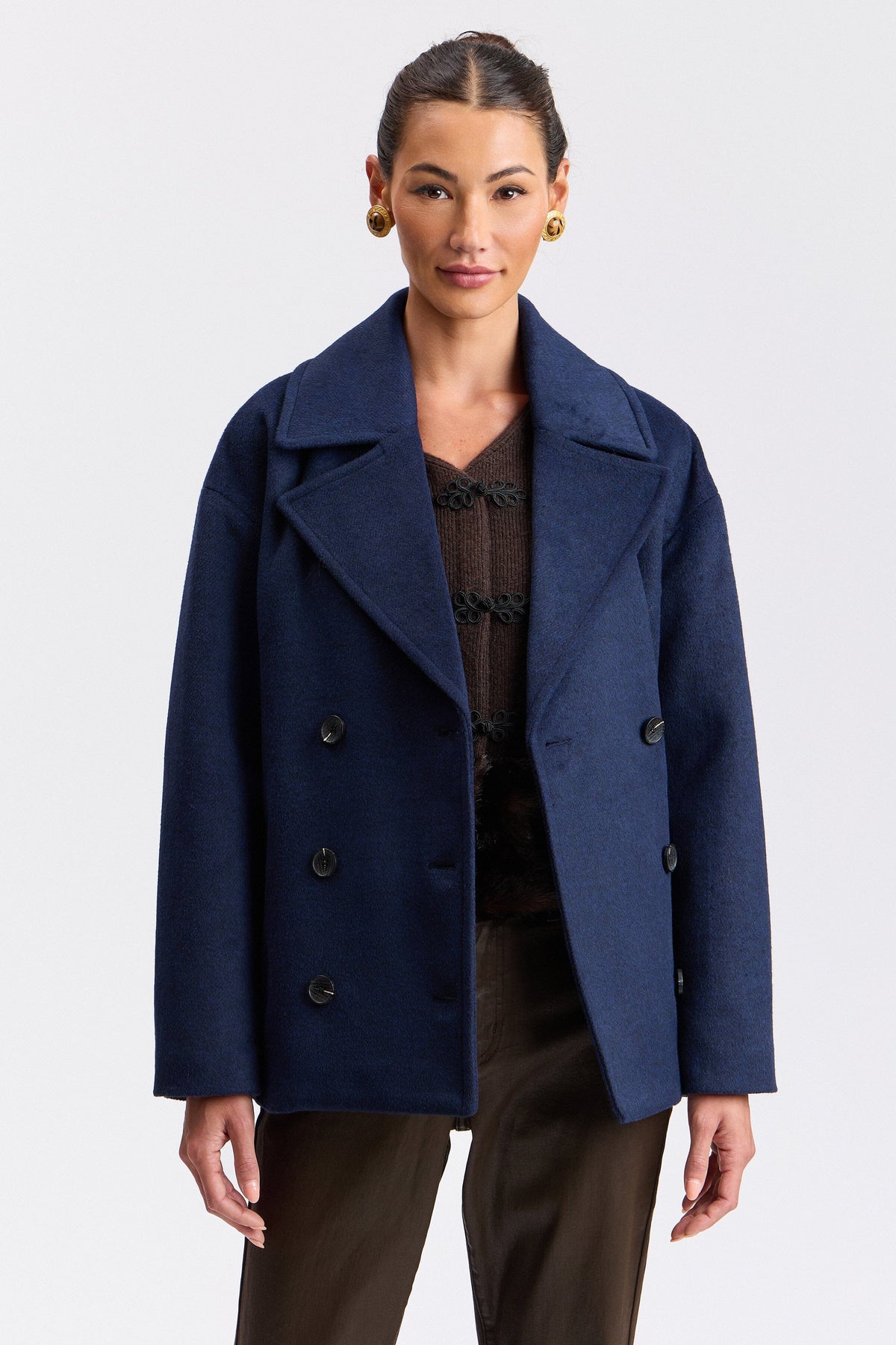 Wool double breasted navy blue peacoat with button-front - Shop women's peacoats by Avec Les Filles.