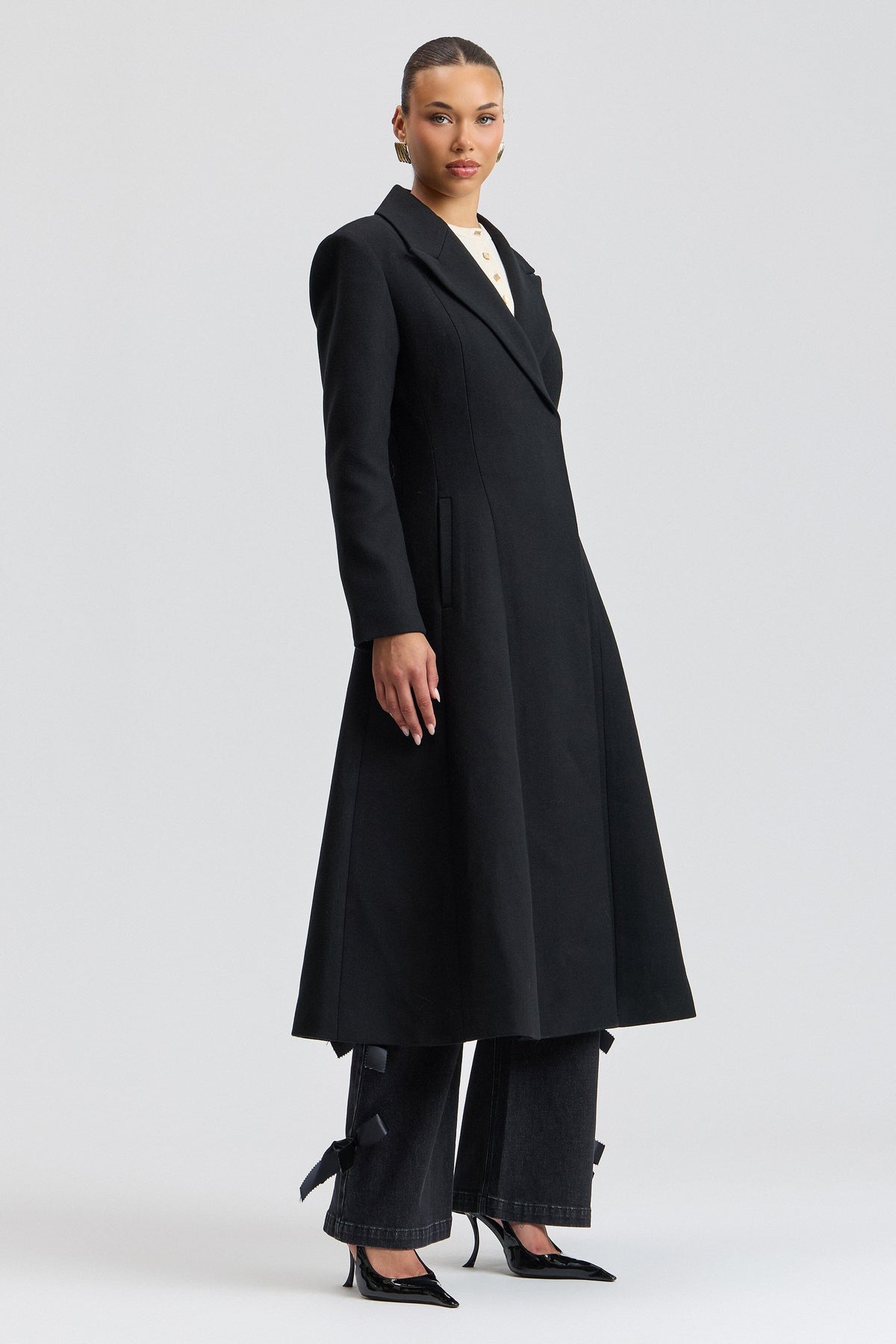 Fit-and-flare long black overcoat in wool blend with button- front - Shop womens wool coats by Avec Les Filles.