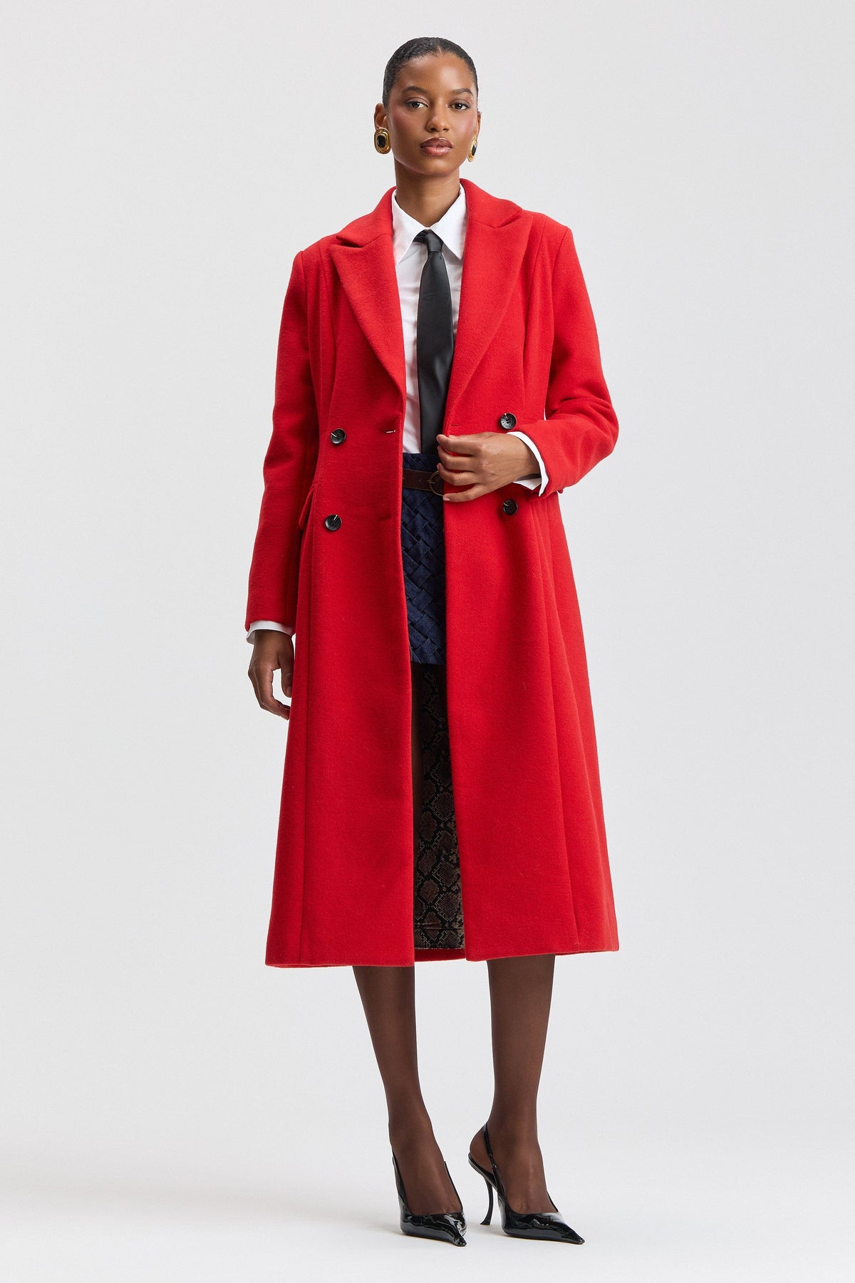 Wool-blend double-breasted long red winter coat with lapel collar - Shop cute long coats by Avec Les Filles.