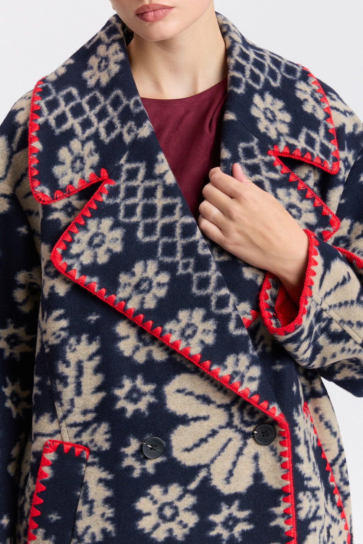 Paisley jacquard oversized multicolor patterned coat womens - Shop designer navy coats by Avec Les Filles.