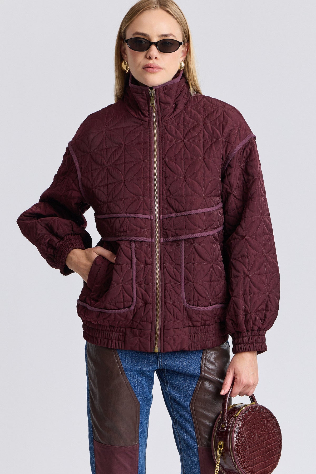 Quilted plum colored jacket with zip-front and long sleeves - Shop women's bomber jackets by Avec Les Filles.
