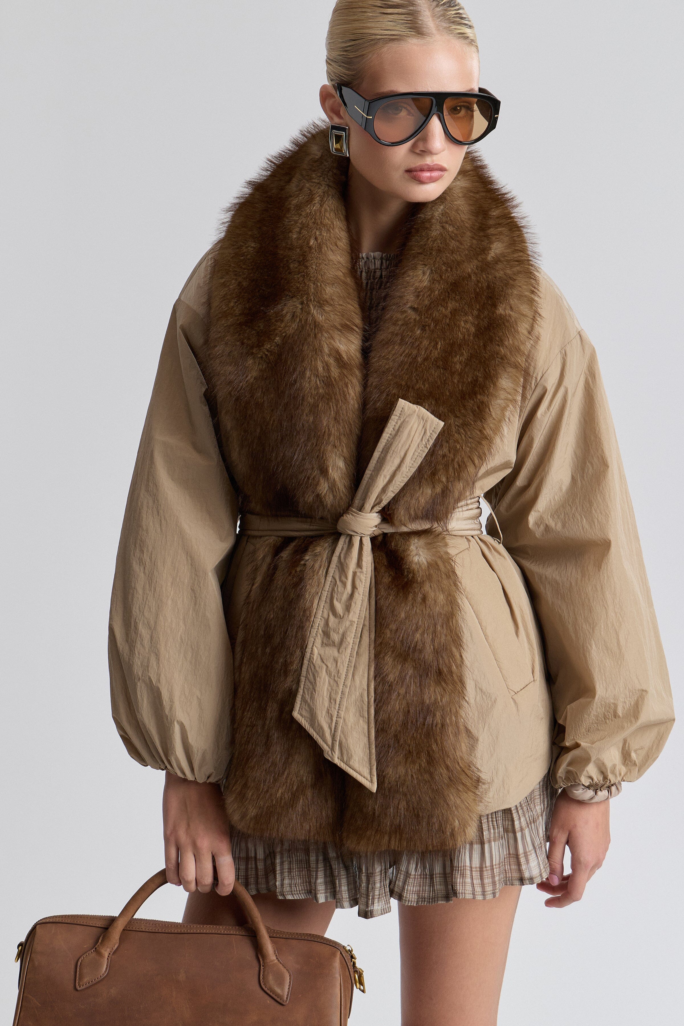 Nylon parka brown tan faux fur jacket with long balloon sleeves and removable belt - Shop parka jackets by Avec Les Filles.