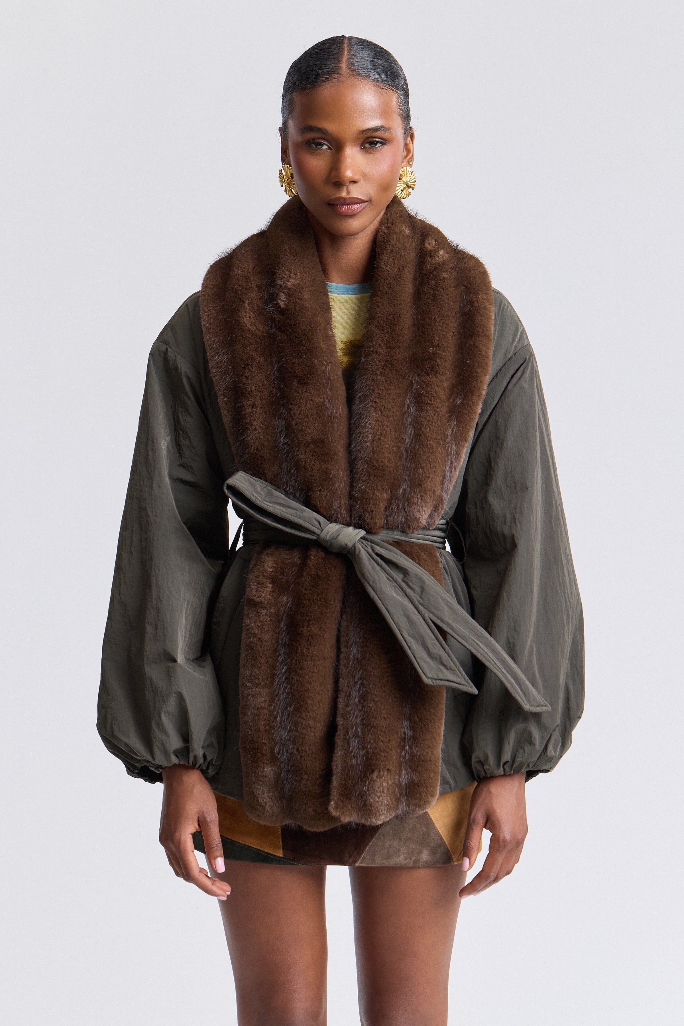 Brown jacket with faux fur parka with long balloon sleeves and removable belt - Shop women's parka jackets by Avec Les Filles