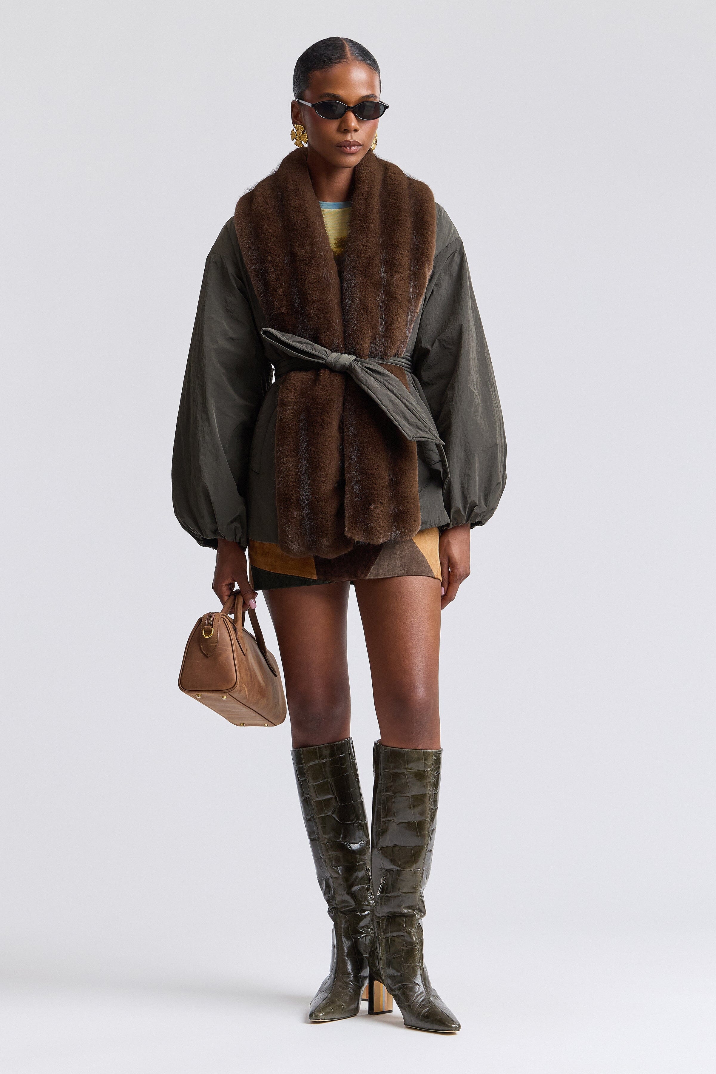 Nylon brown faux fur lined parka jacket with long balloon sleeves and removable belt - Shop cute jackets by Avec Les Filles