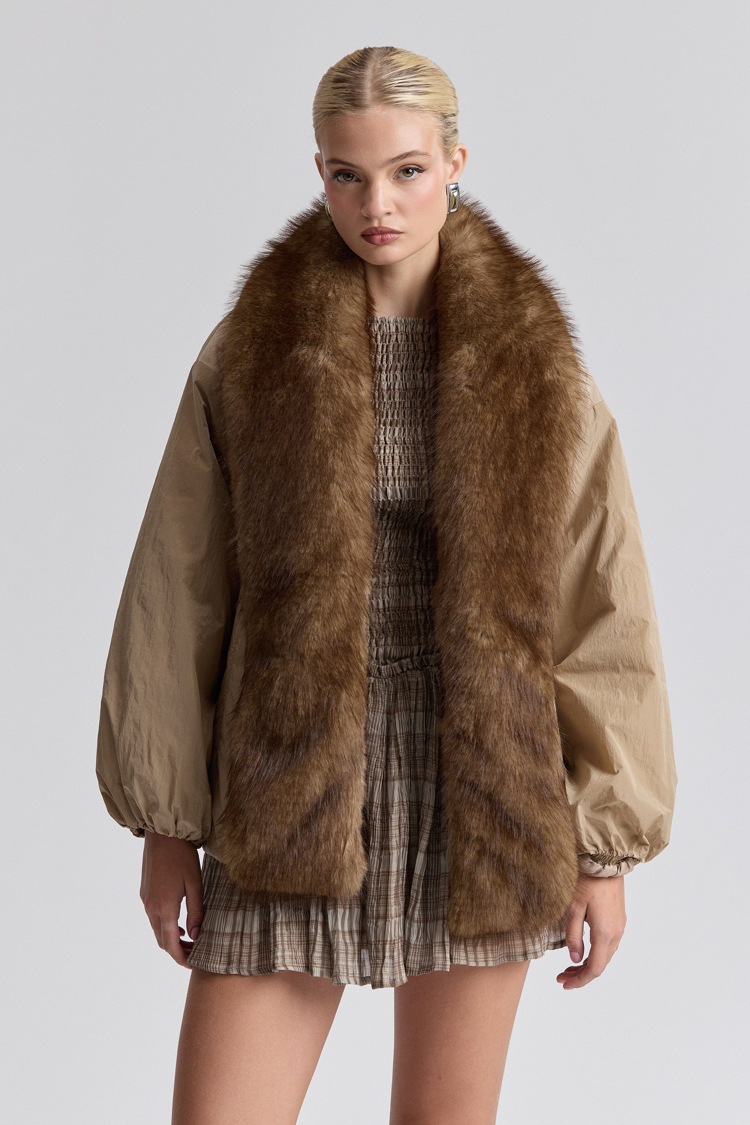 Nylon parka brown faux fur jacket with long balloon sleeves and removable belt - Shop parka jackets by Avec Les Filles.