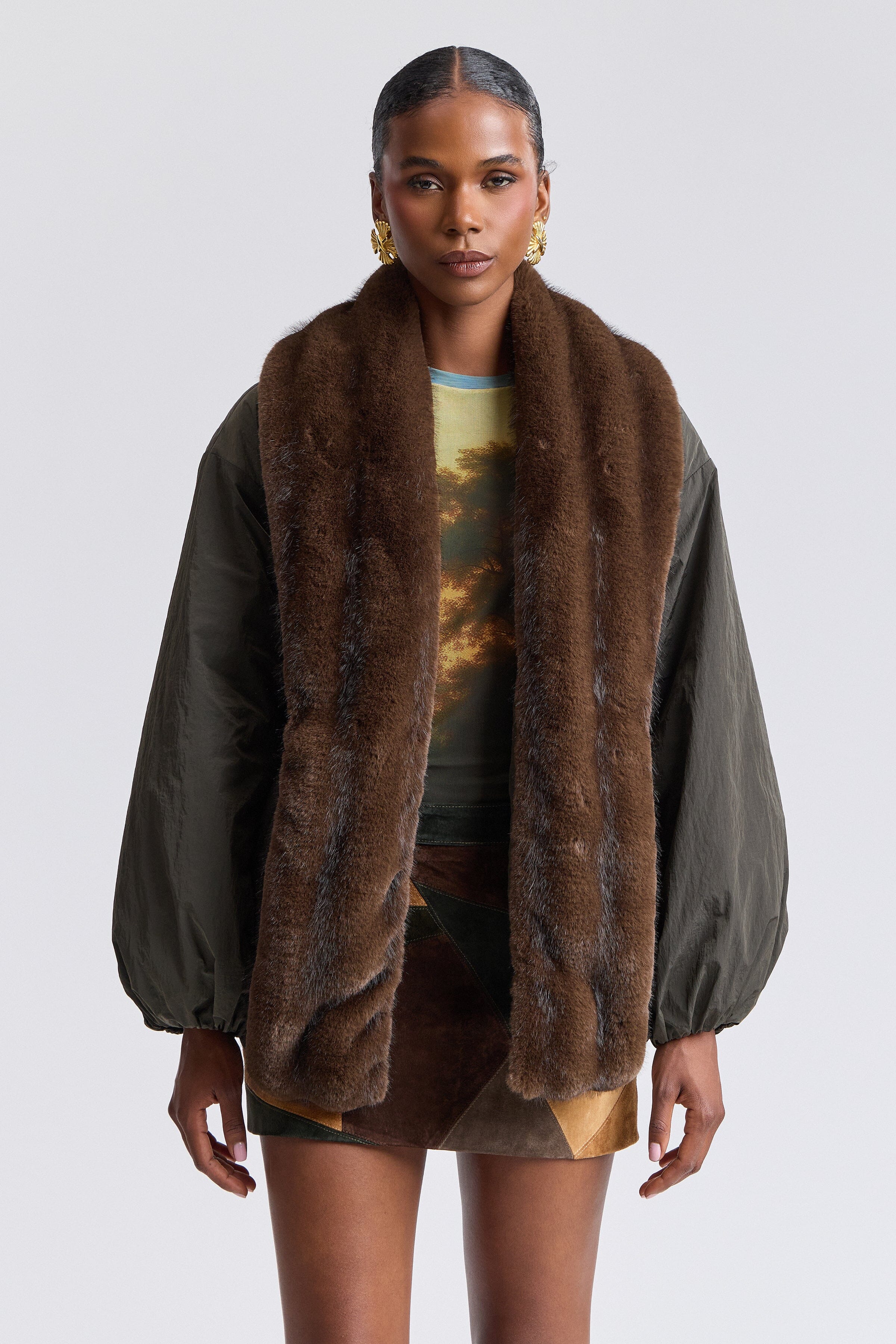 Parka brown faux fur jacket with long balloon sleeves and removable belt - Shop cute parka jackets by Avec Les Filles