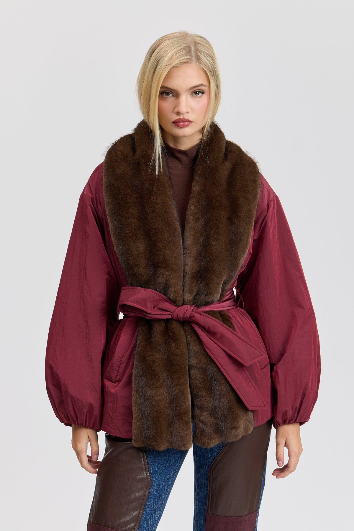 Nylon red coat faux fur with a removable belt and balloon sleeves - Shop women's cute red parka jackets by Avec Les Filles.